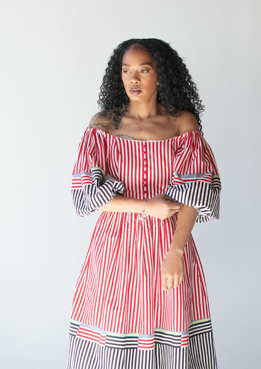 Striped Dress w/ Puff Sleeves | Victor Costa