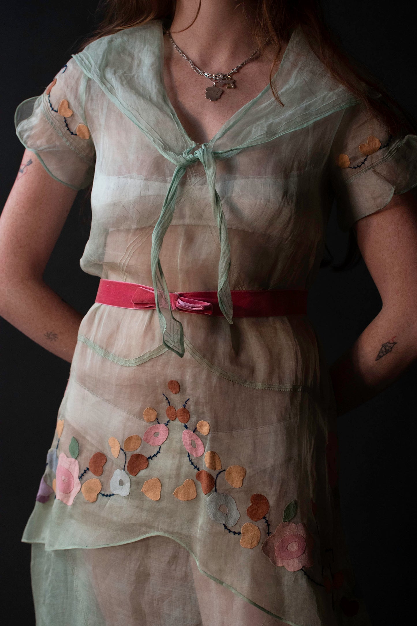1930s Mint Organza Dress w/ Applique