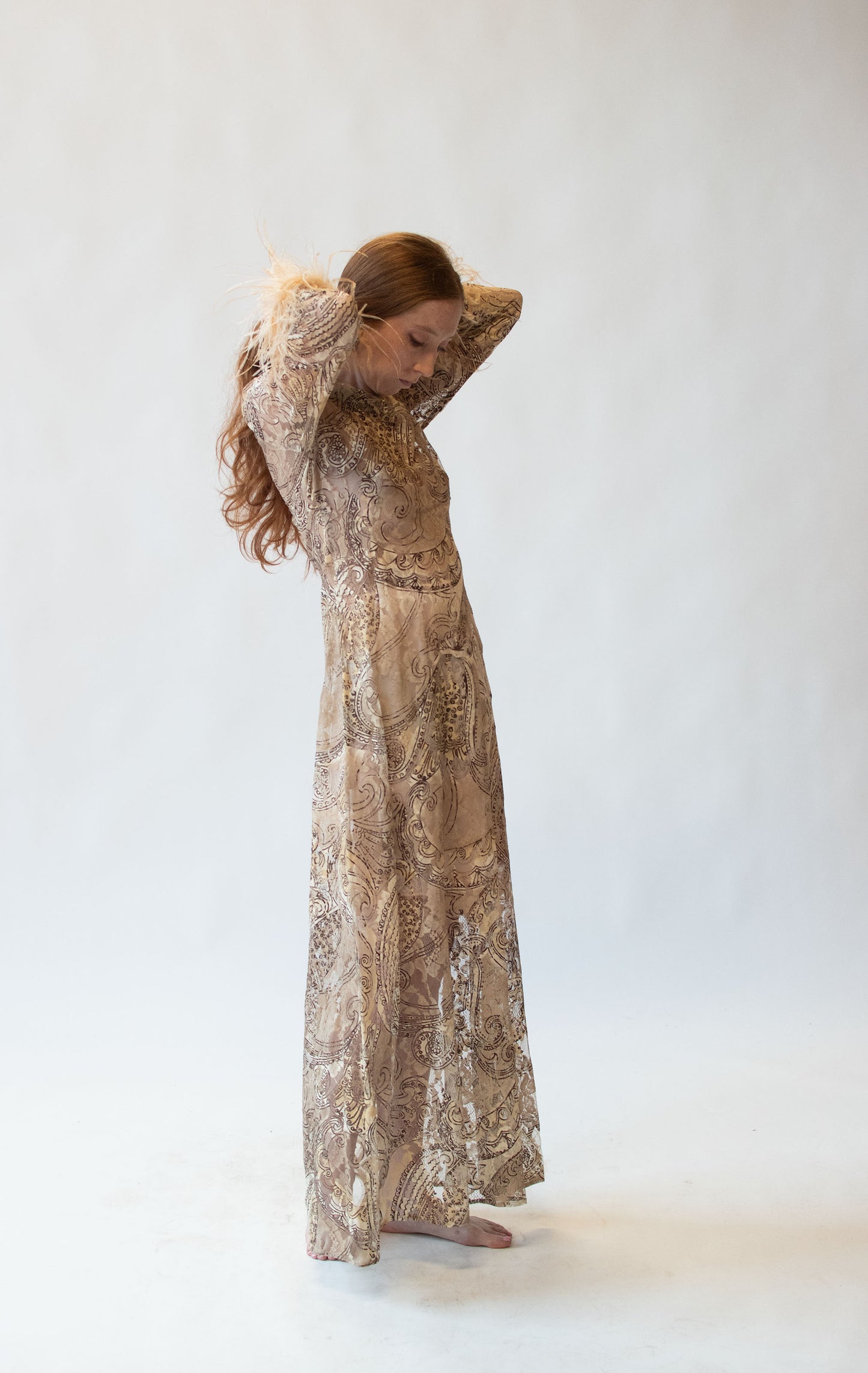 1970s Lace Dress w/ Feather Trim