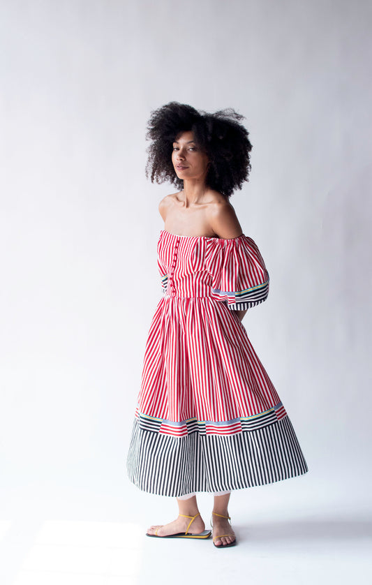 1980s Striped Puff Sleeve Dress | Victor Costa