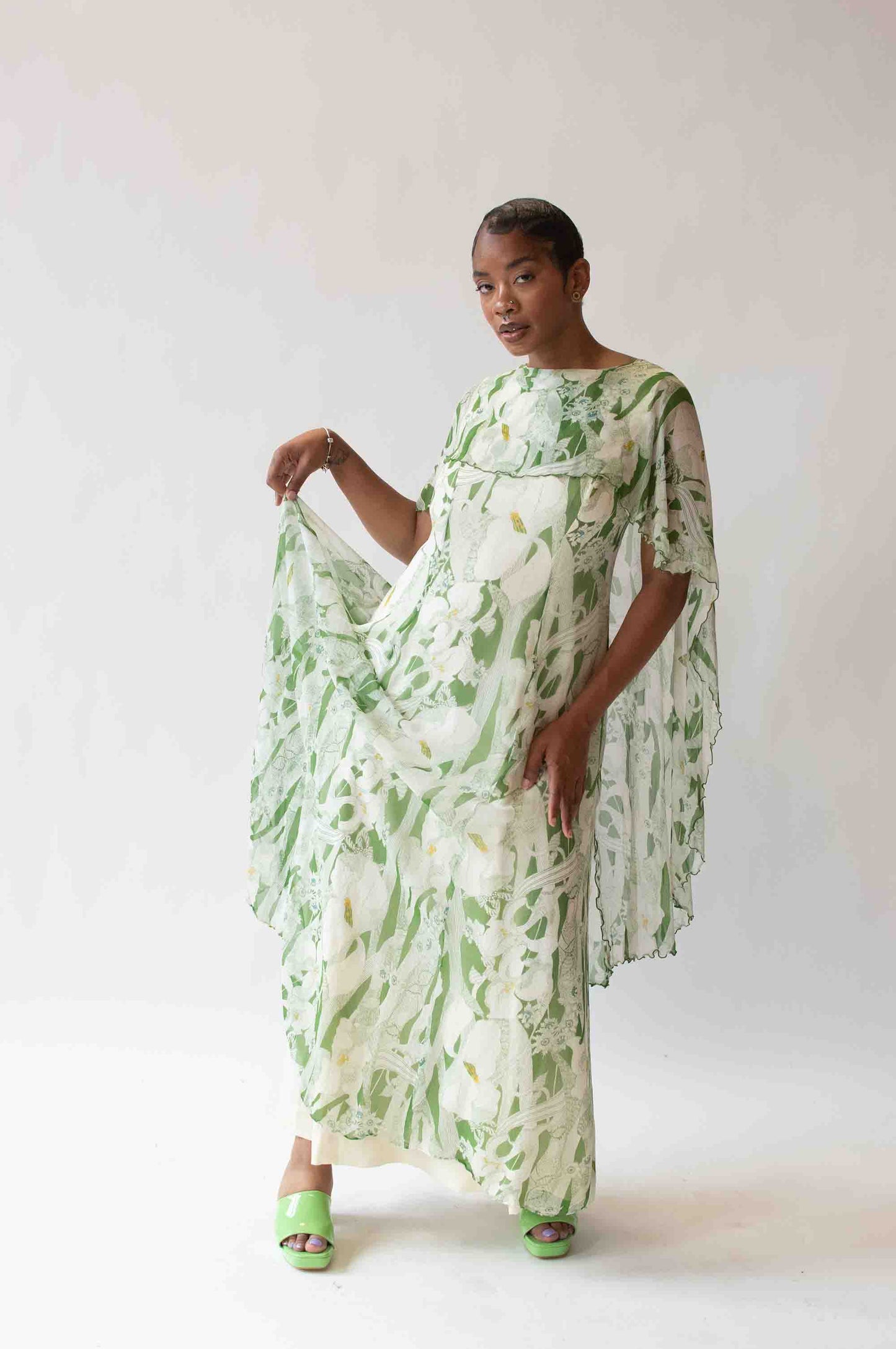 1970s Chiffon Lilly Print Dress