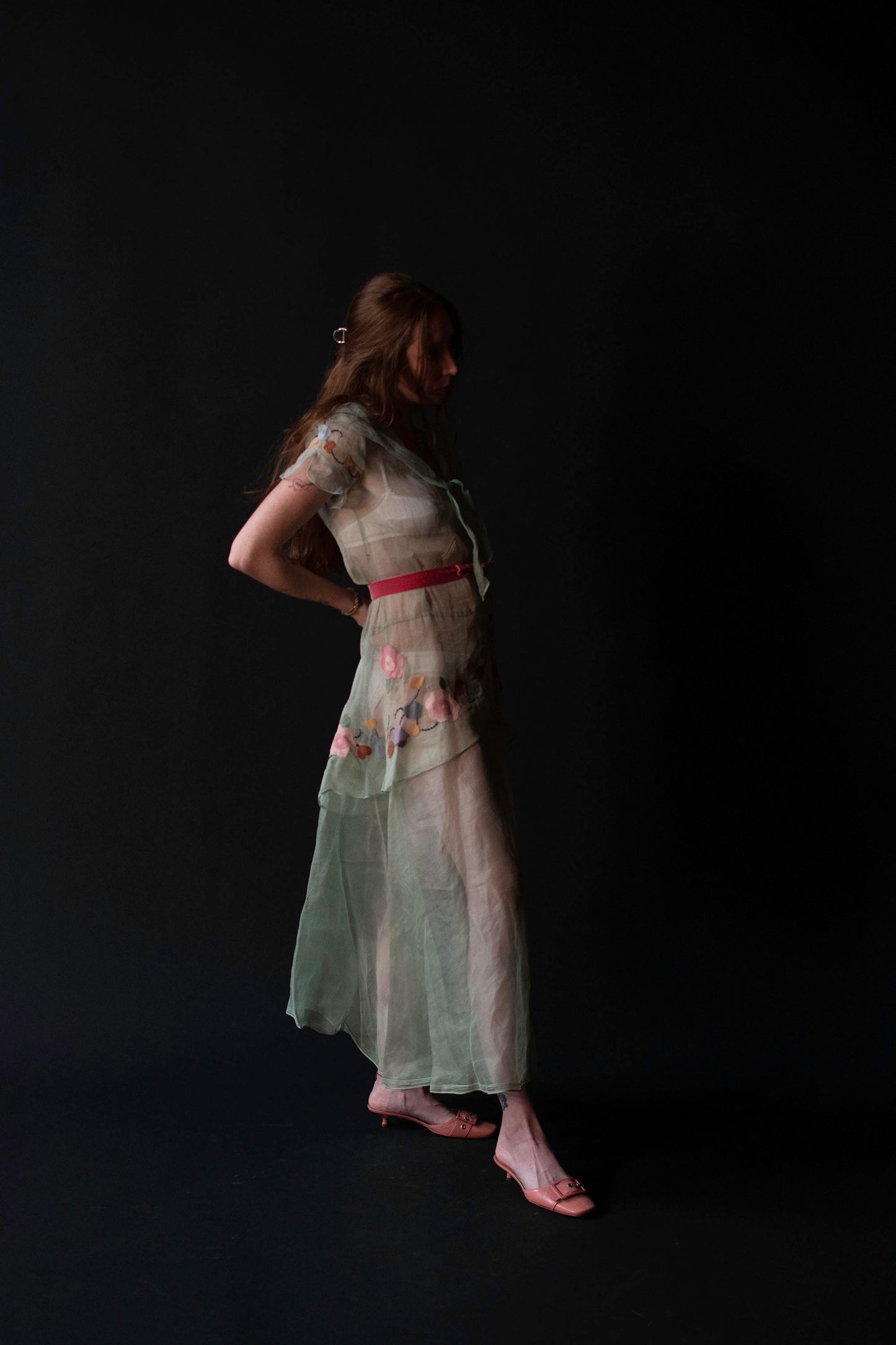 1930s Mint Organza Dress w/ Applique