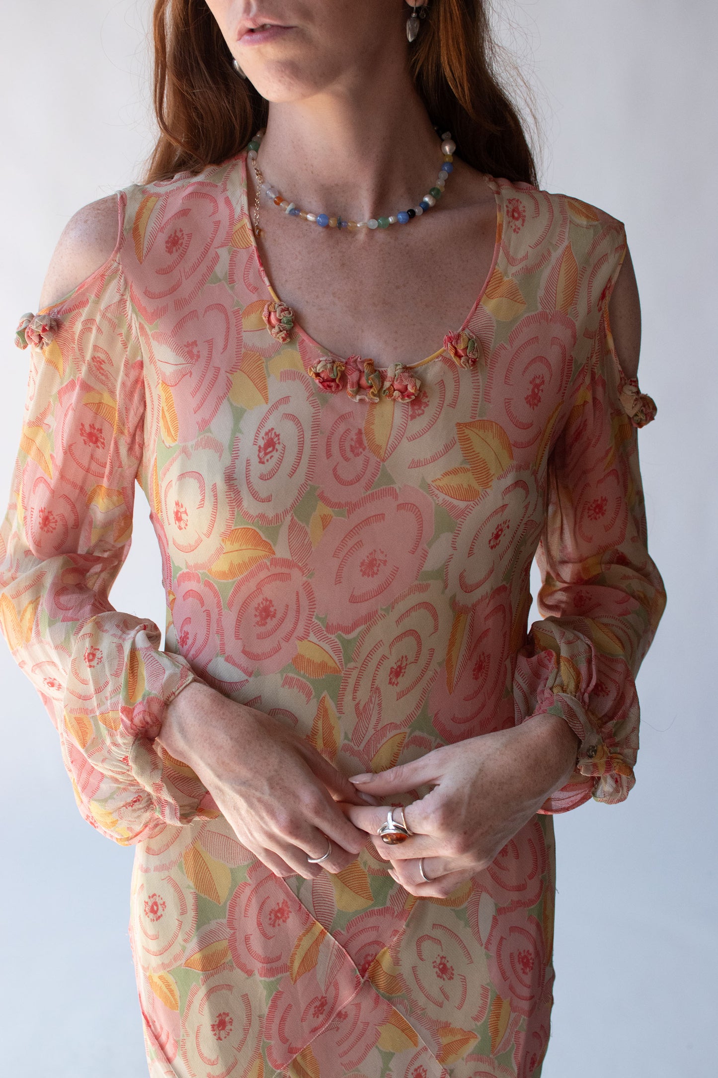 1930s Cold Shoulder Floral Print Dress