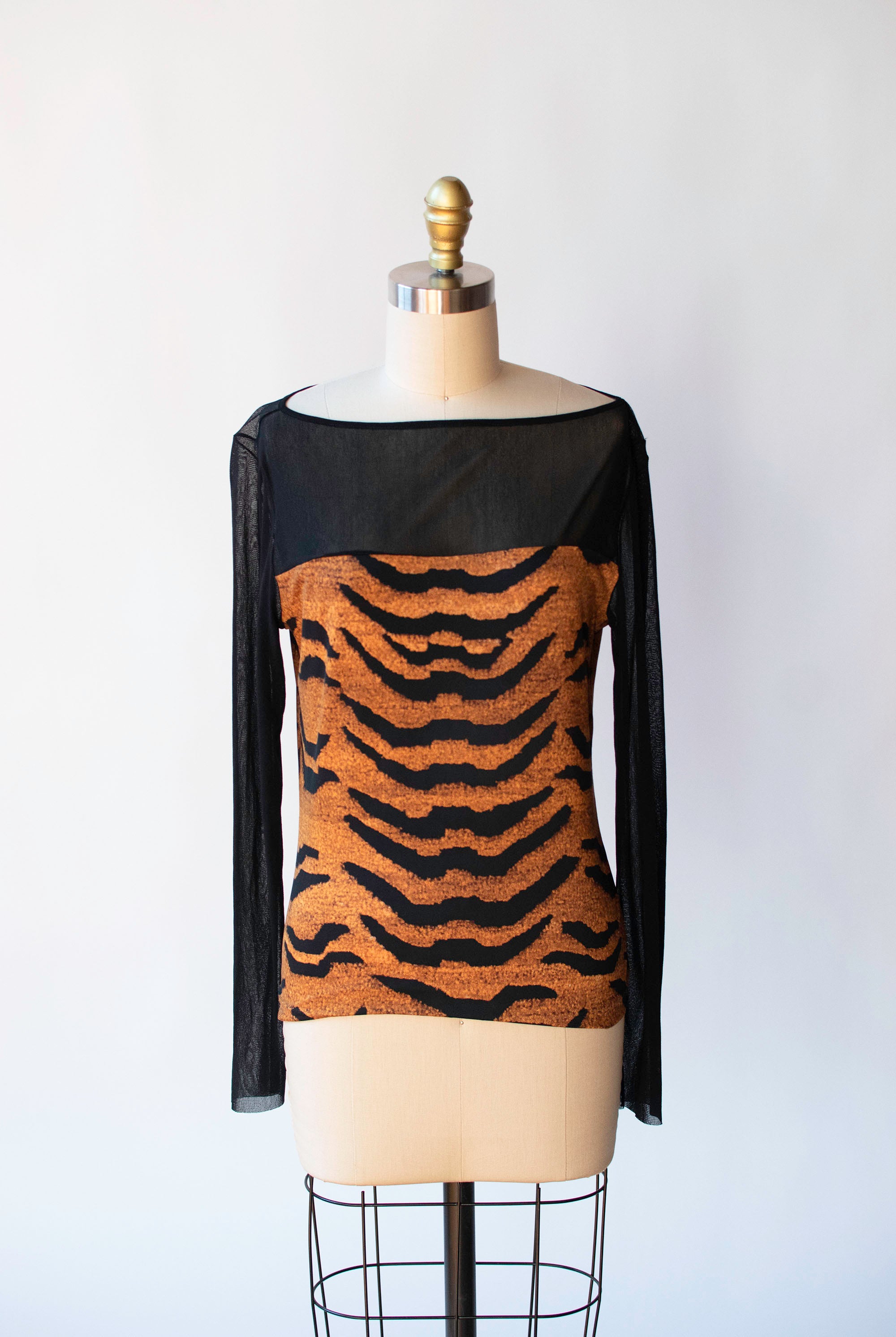 Vivienne Tamデザイン90年代ビンテージシルクトップス[希少] 90s Vivienne Tam Abstract White and Blue Sheer Stretch Mesh T