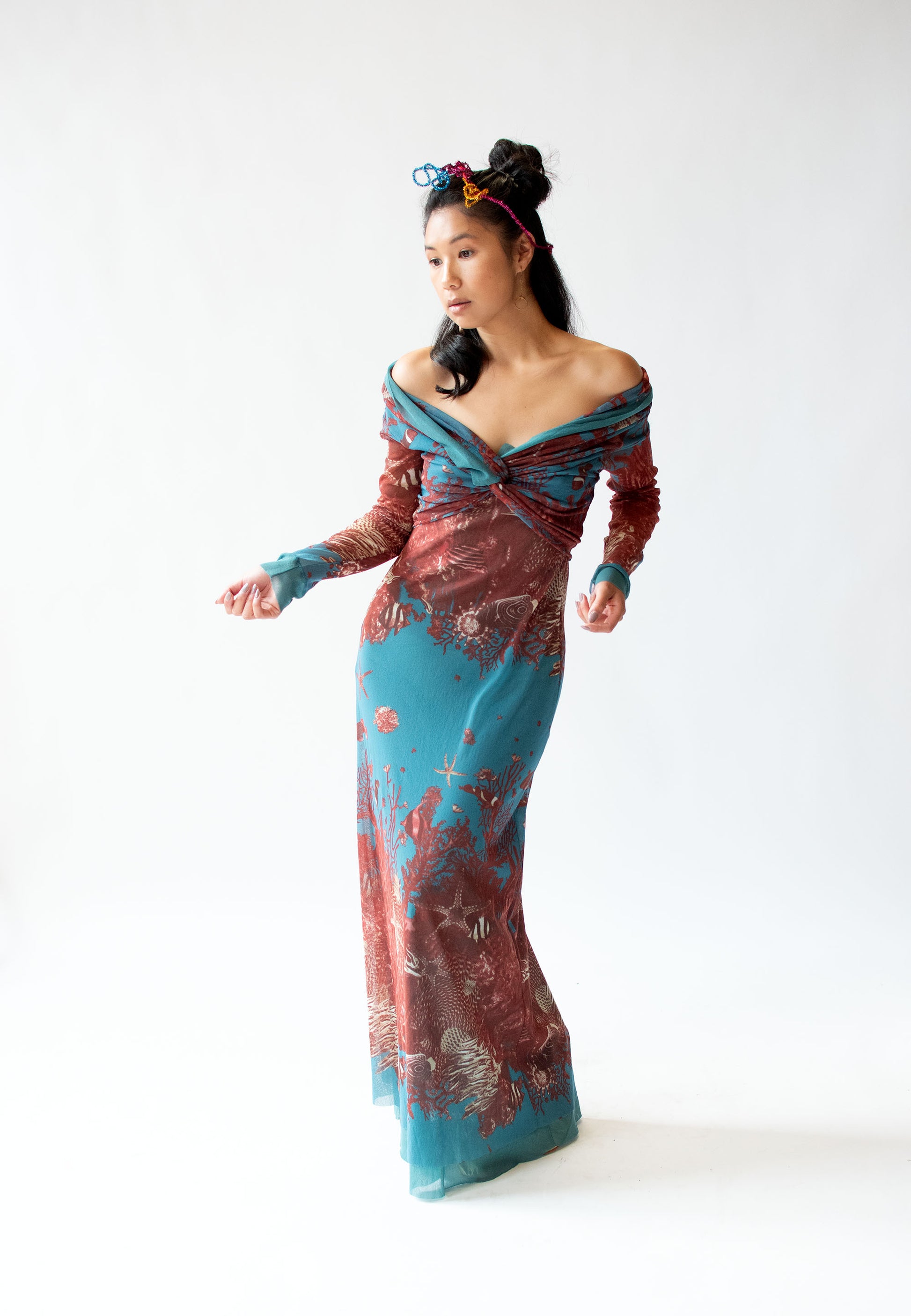 jean paul gaultier mesh dress 1996 Tribal Tattoo Maxi Features elegant marinire details and exquisite flocked velvet accents Jean Paul Gaultier Mesh spiral