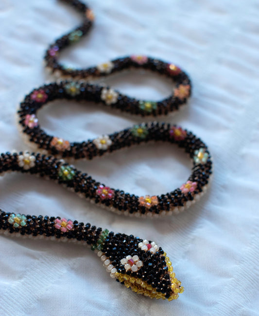 Bead Crochet Snake | Black W/ Multi Color Flowers