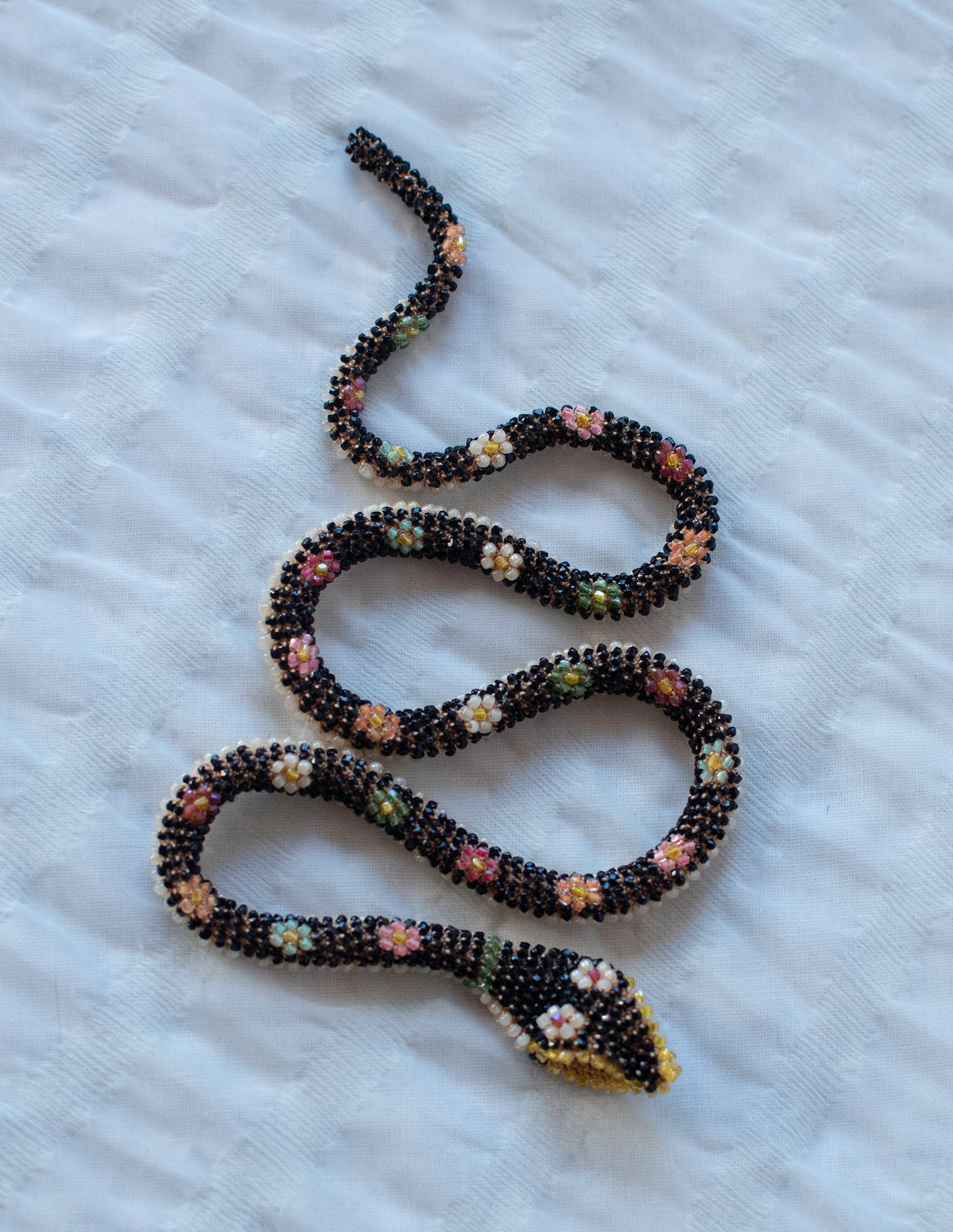Bead Crochet Snake | Black W/ Multi Color Flowers