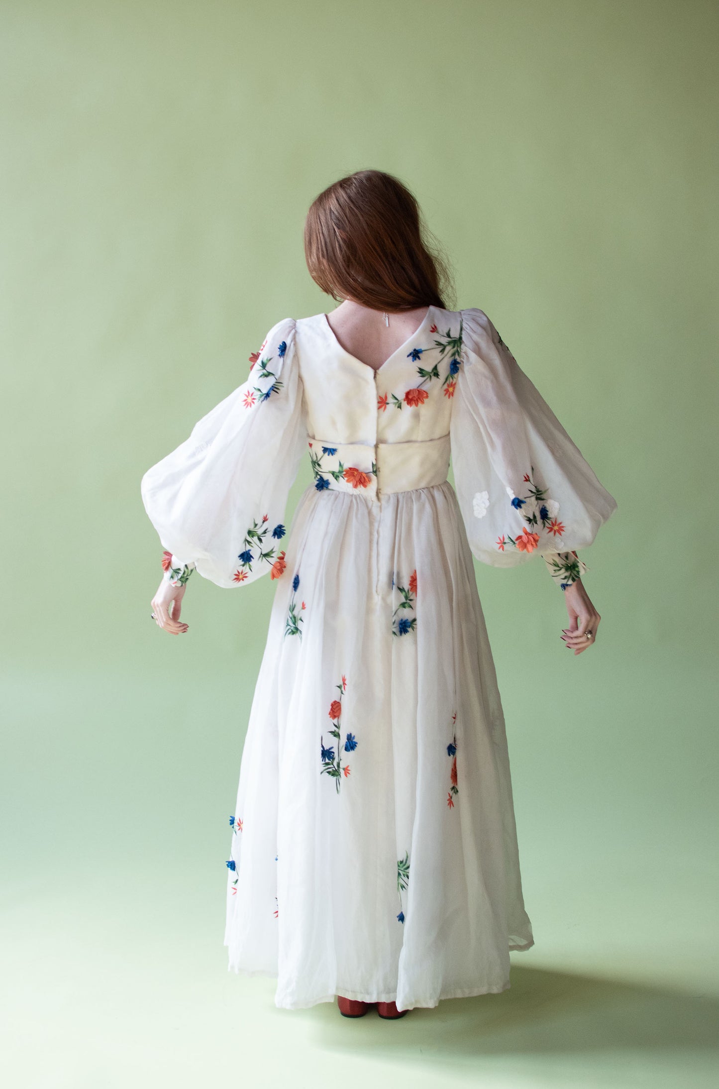 1970s Organza Gown w/ floral applique