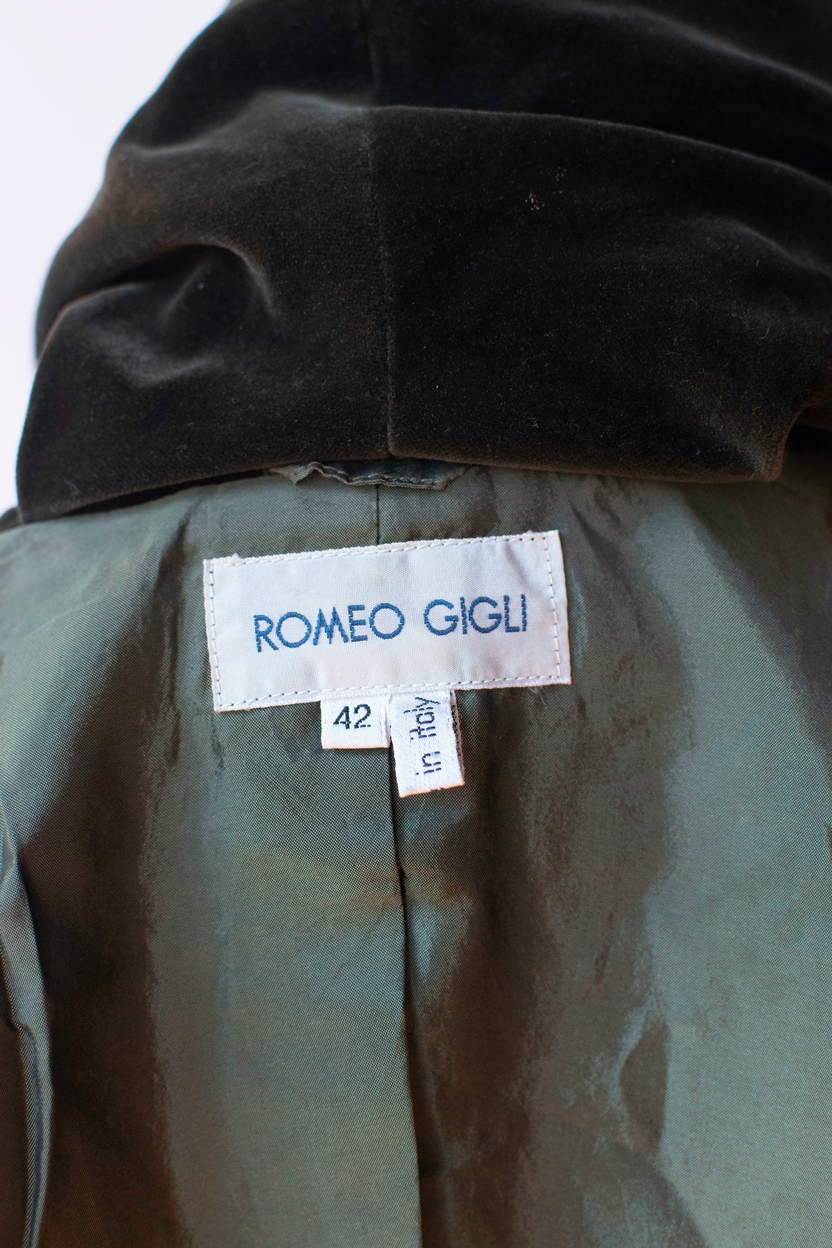 Olive Velvet jacket. Romeo Gigli FW 1989