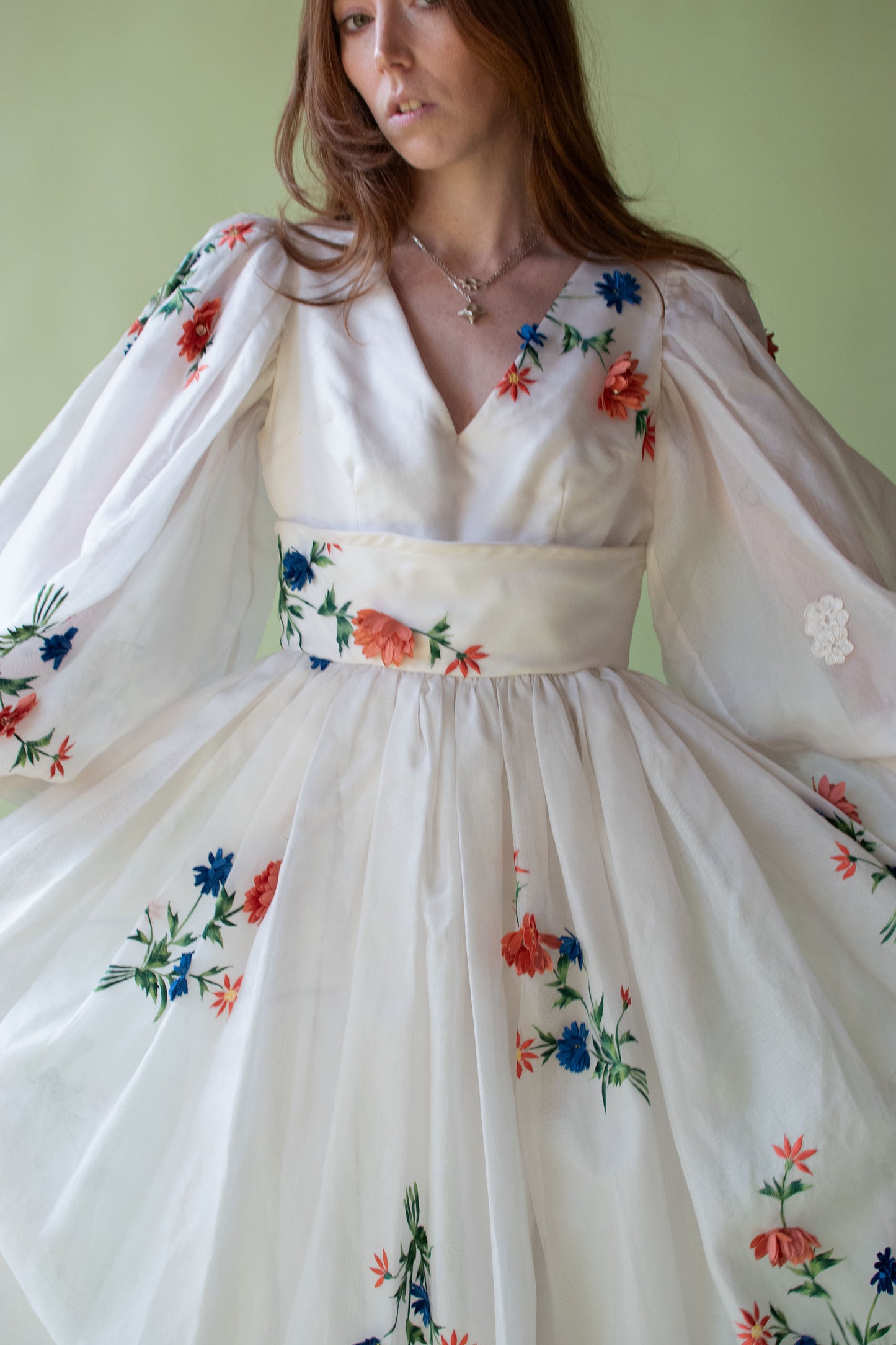 1970s Organza Gown w/ floral applique