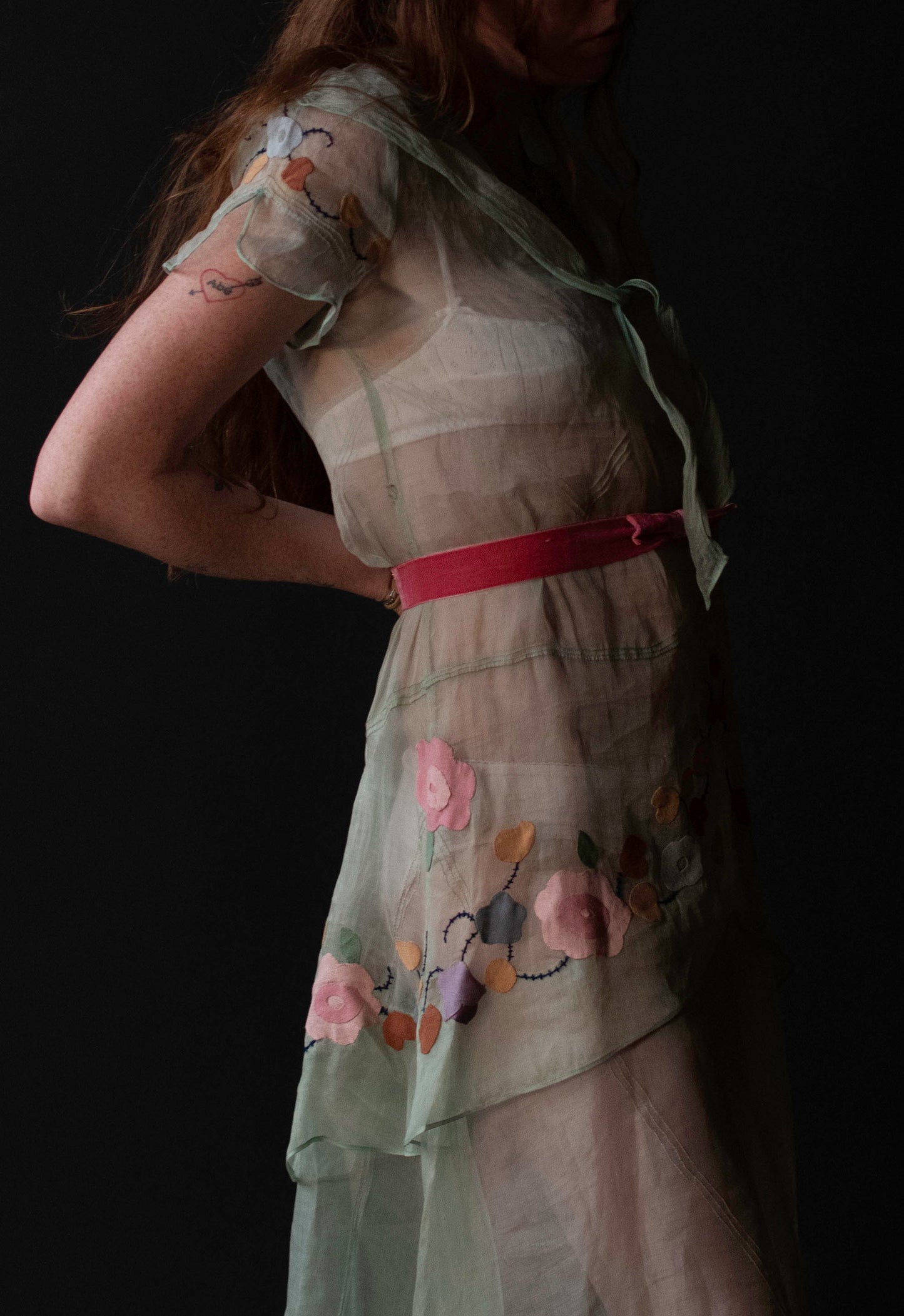 1930s Mint Organza Dress w/ Applique