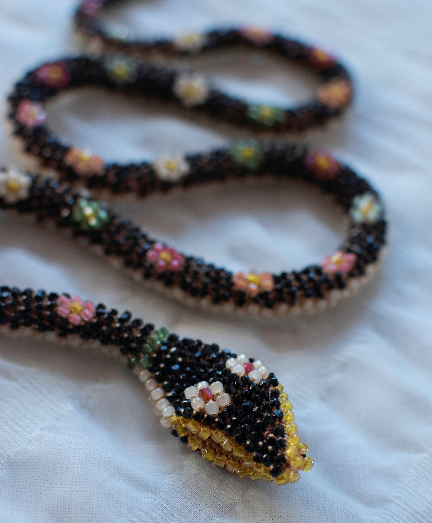 Bead Crochet Snake | Black W/ Multi Color Flowers