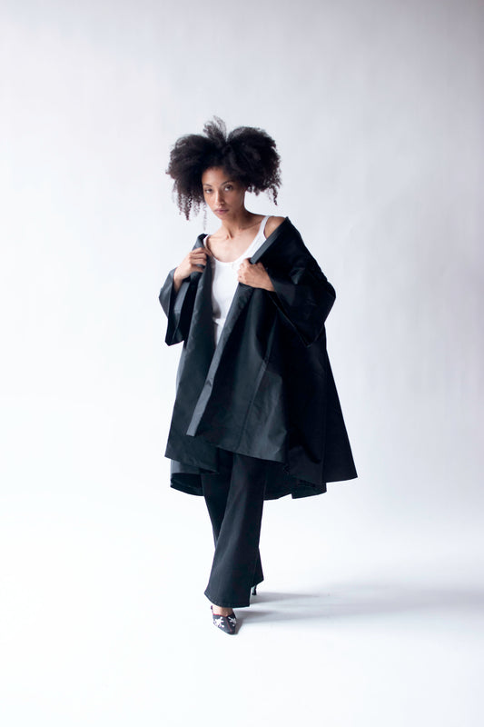 Voluminous Black Taffeta Coat | Victor Costa