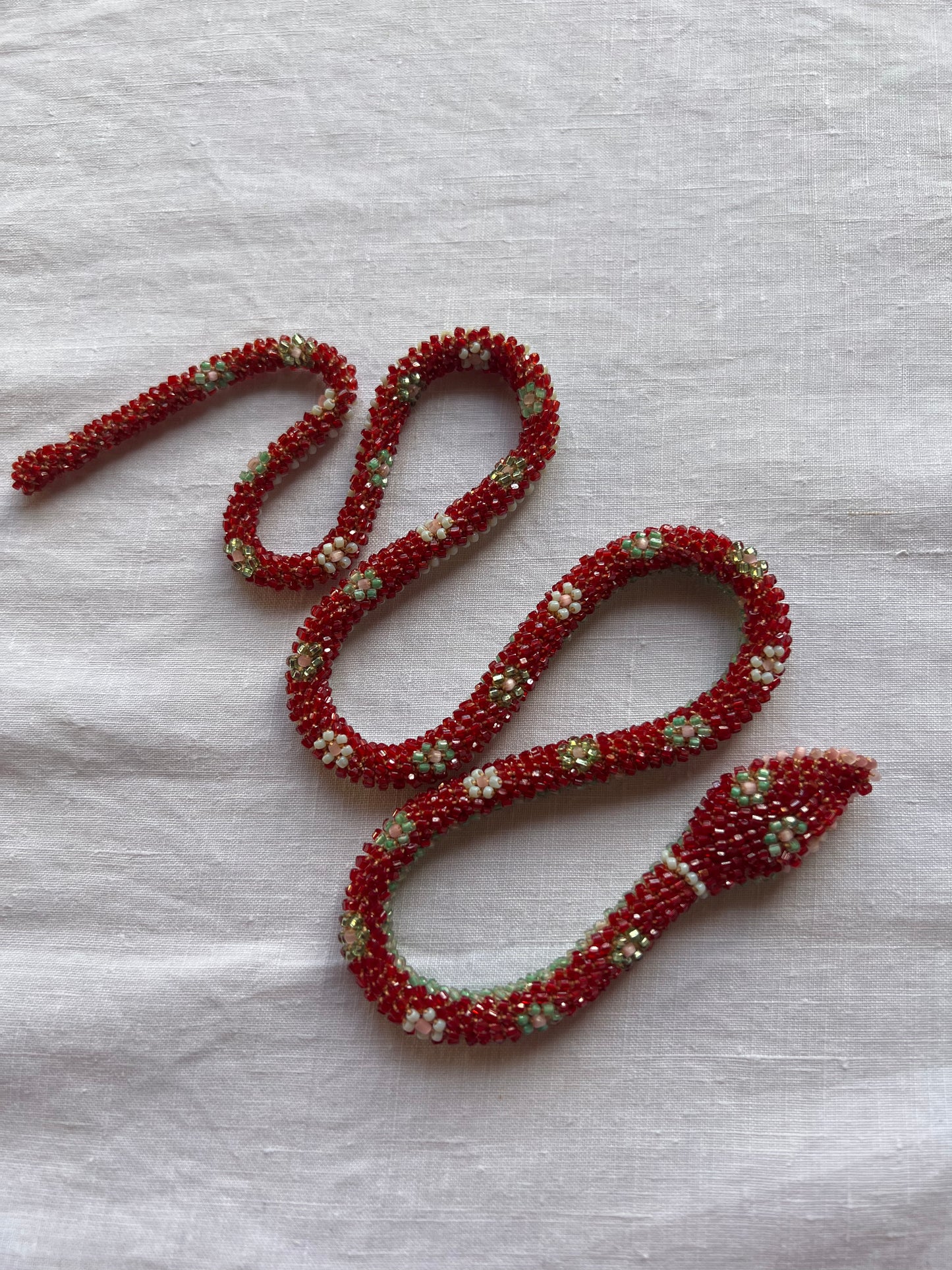 Bead Crochet Snake | Ruby w/ Mint Flowers
