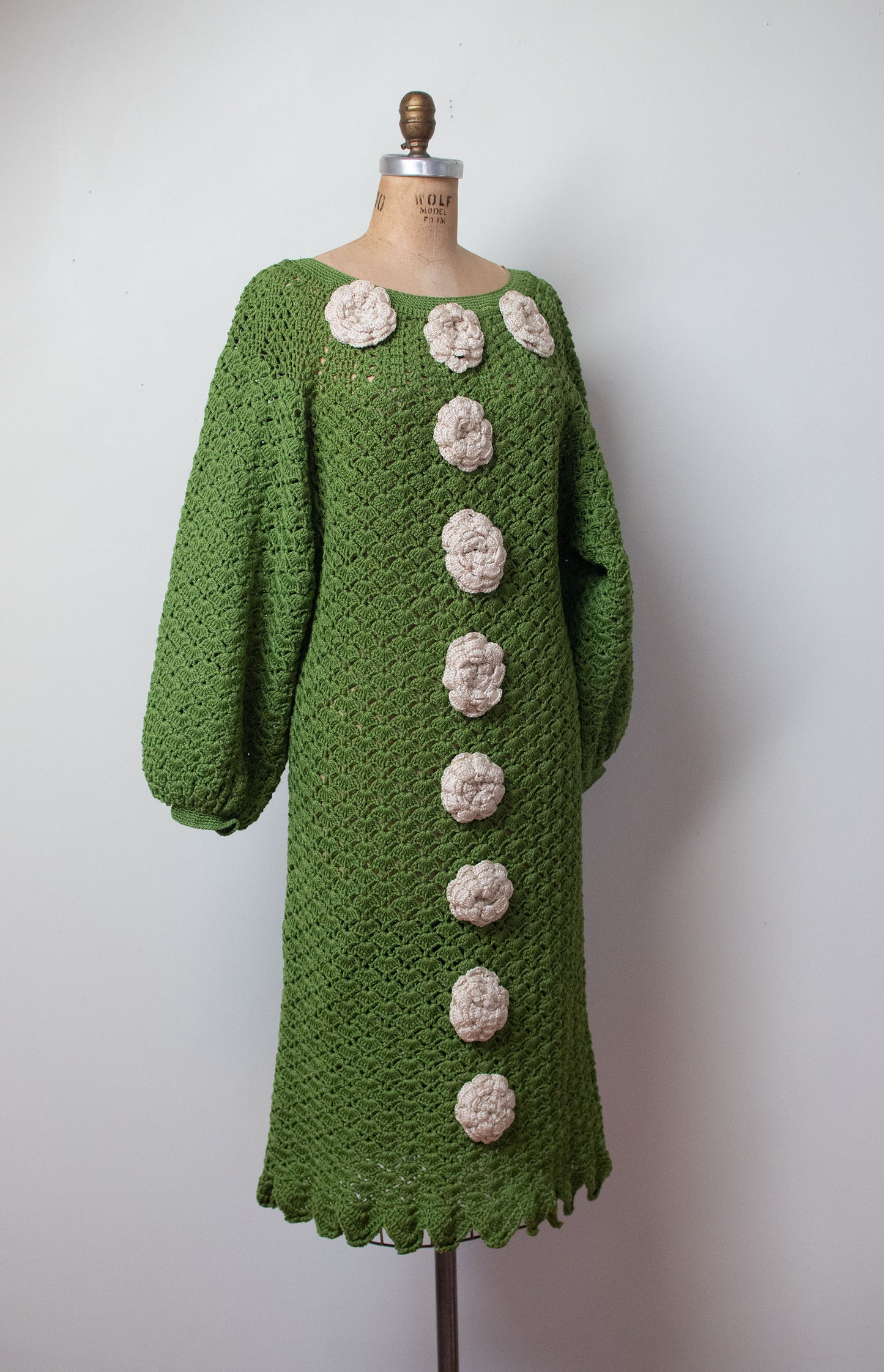 1970s Spring Green Crochet Dress