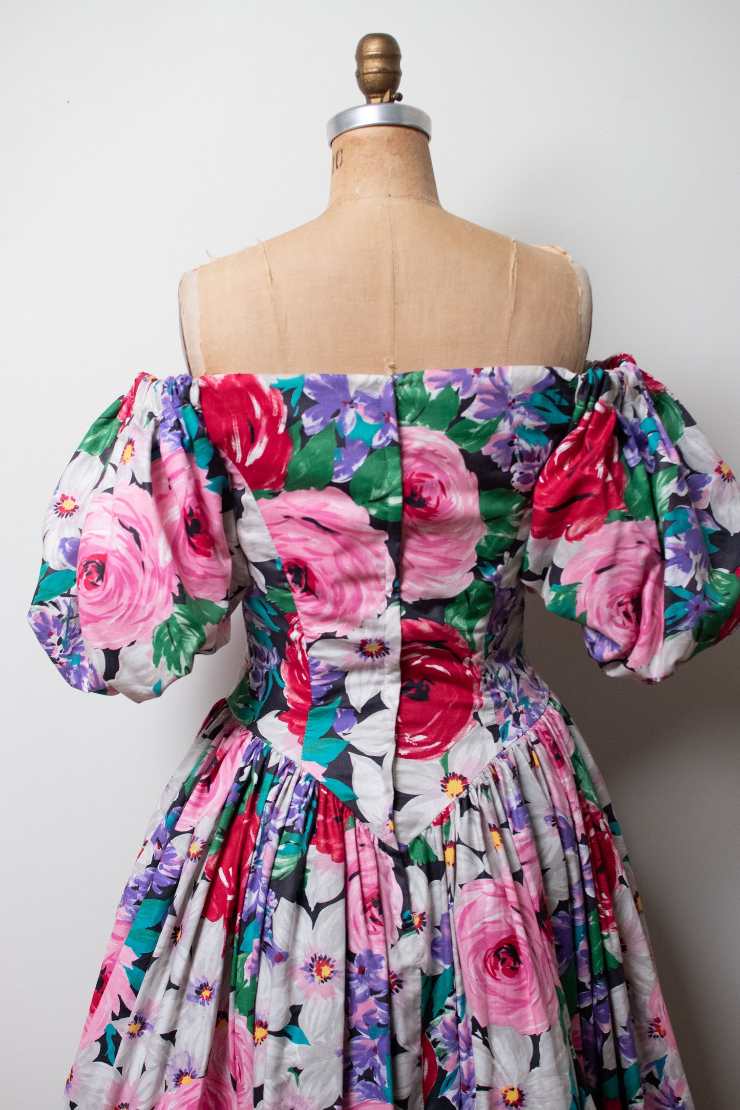 1980s Floral Print Puff Sleeve Gown | Victor Costa