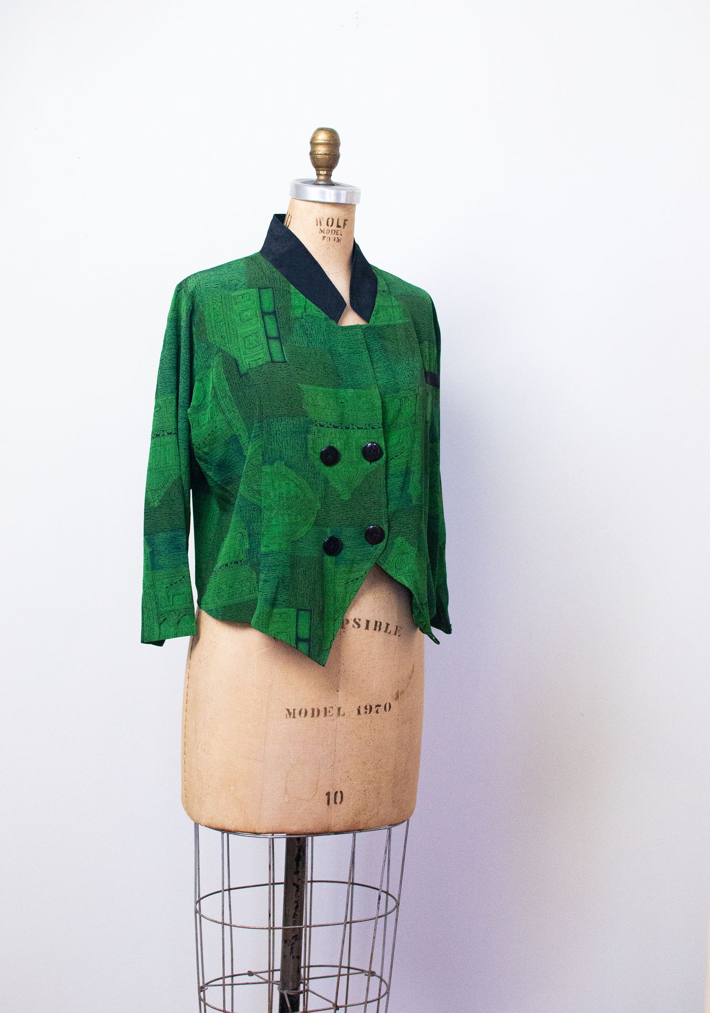 1990s Architectural Print Green Rayon Top