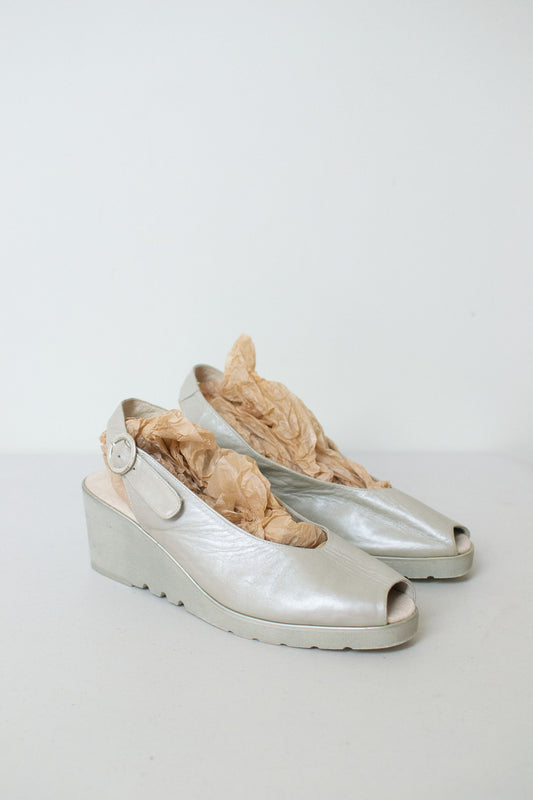 1990s Mettalic Peep Toe Wedges | Andre Assous
