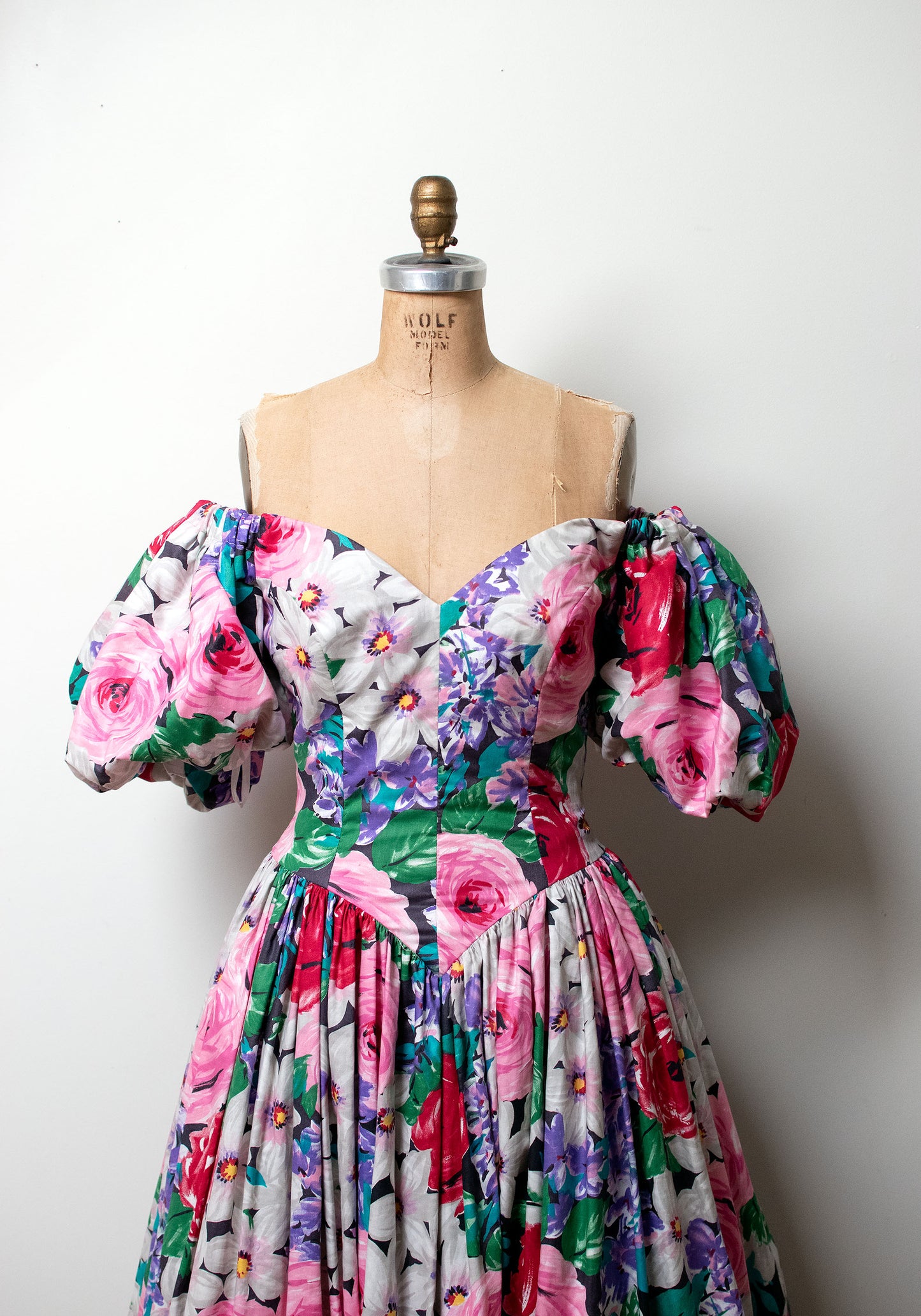 1980s Floral Print Puff Sleeve Gown | Victor Costa