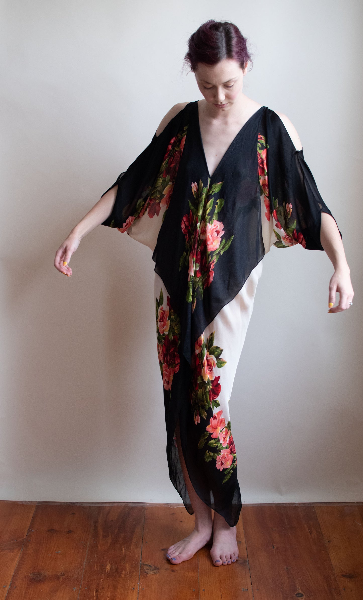 1990s Floral Chiffon Cocoon Dress