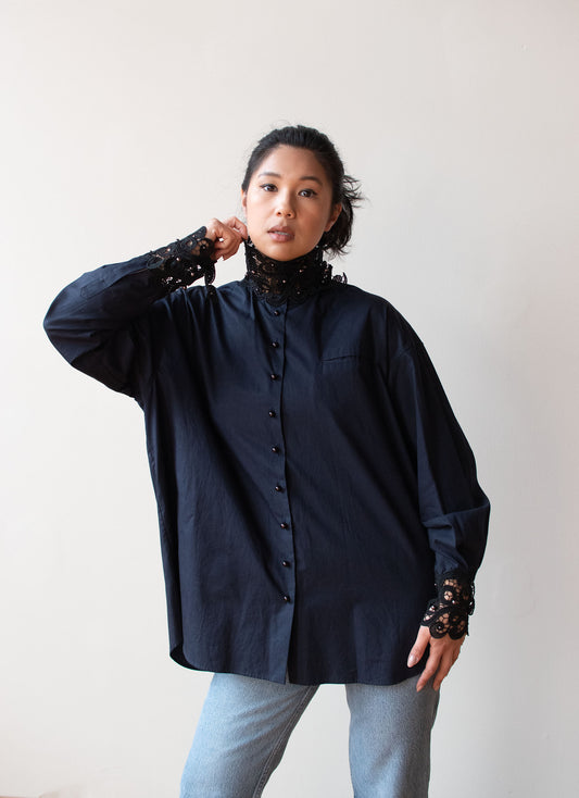 Navy Blue Lace Collar Blouse | Romeo Gigli