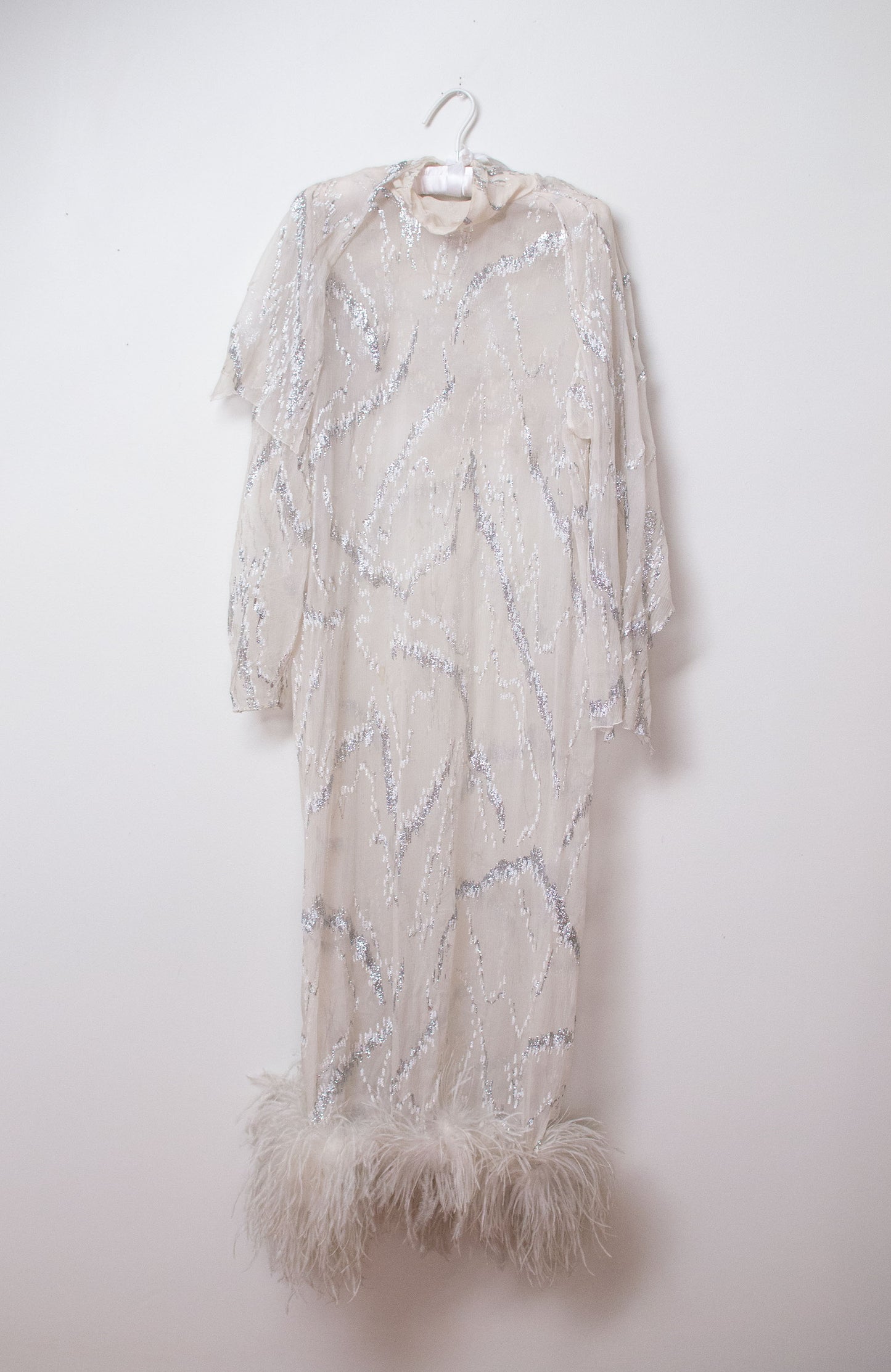1980s White Chiffon Feather Trim Dress