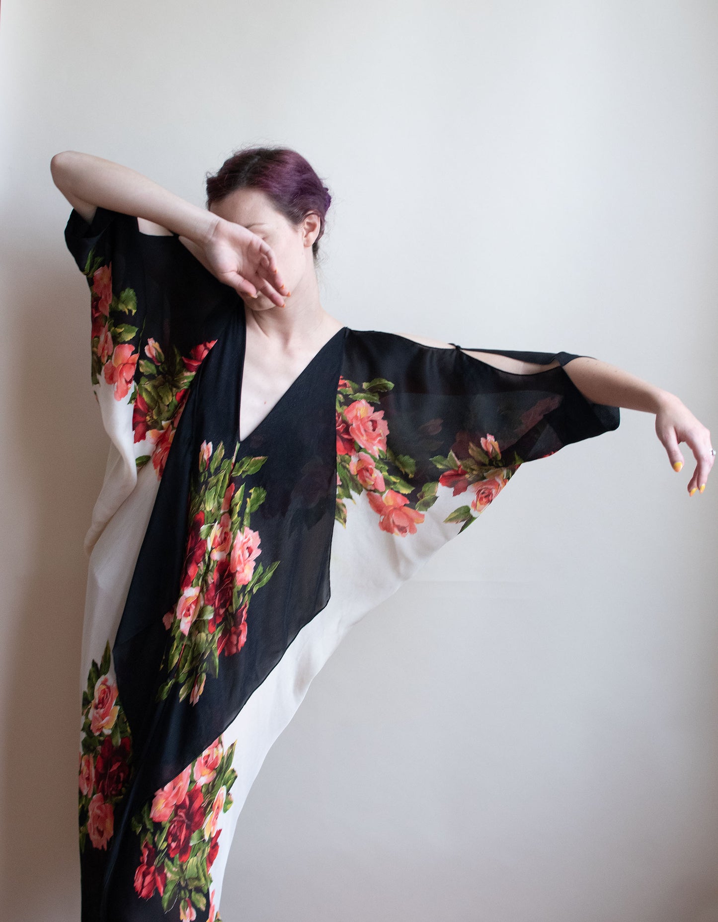 1990s Floral Chiffon Cocoon Dress