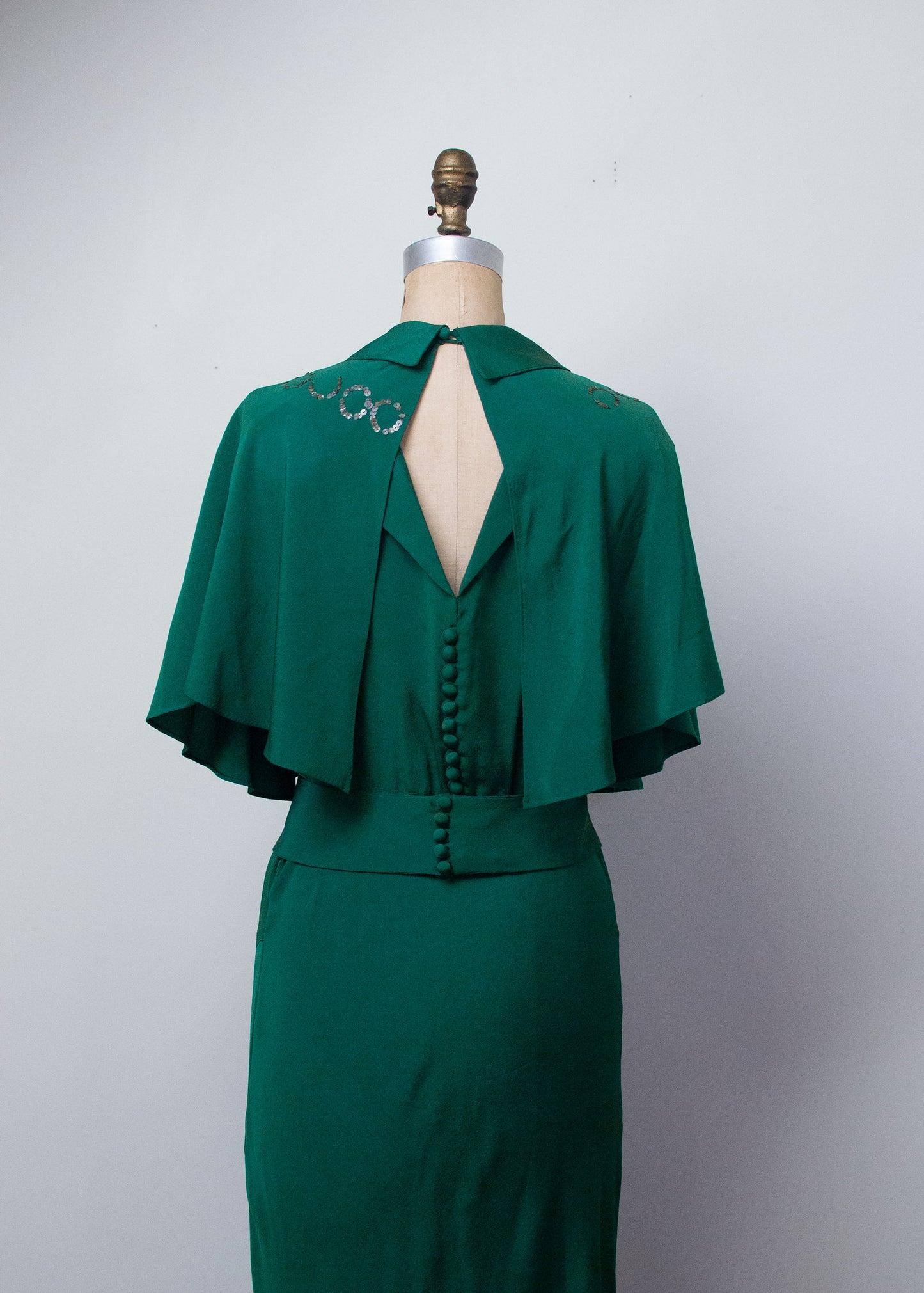 1930s Emerald Green Gown w/ Caplet