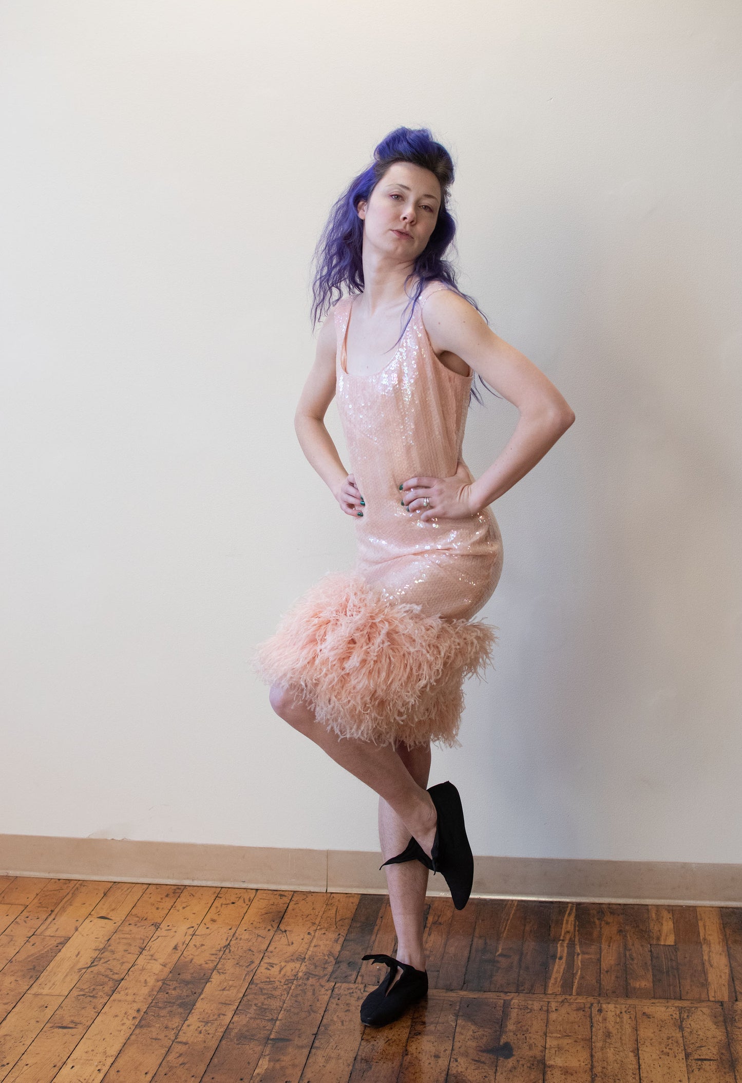 1980s Pink Sequin Feather Trim Dress | Victor Costa