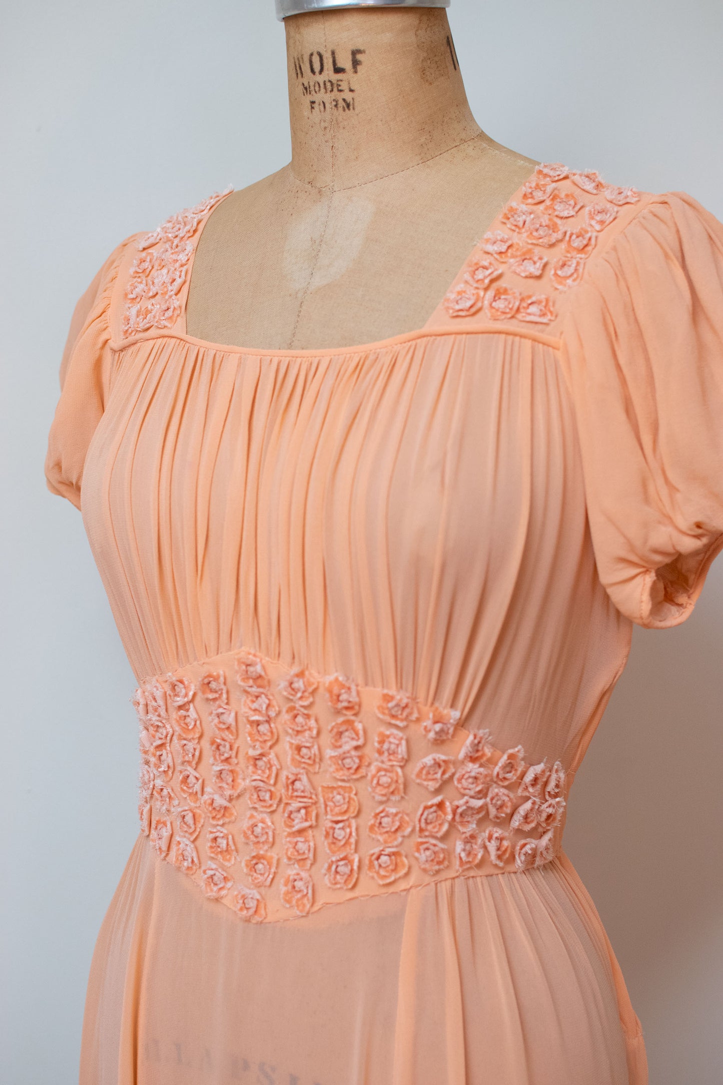 1930s Peach Chiffon Puff Sleeve Dress