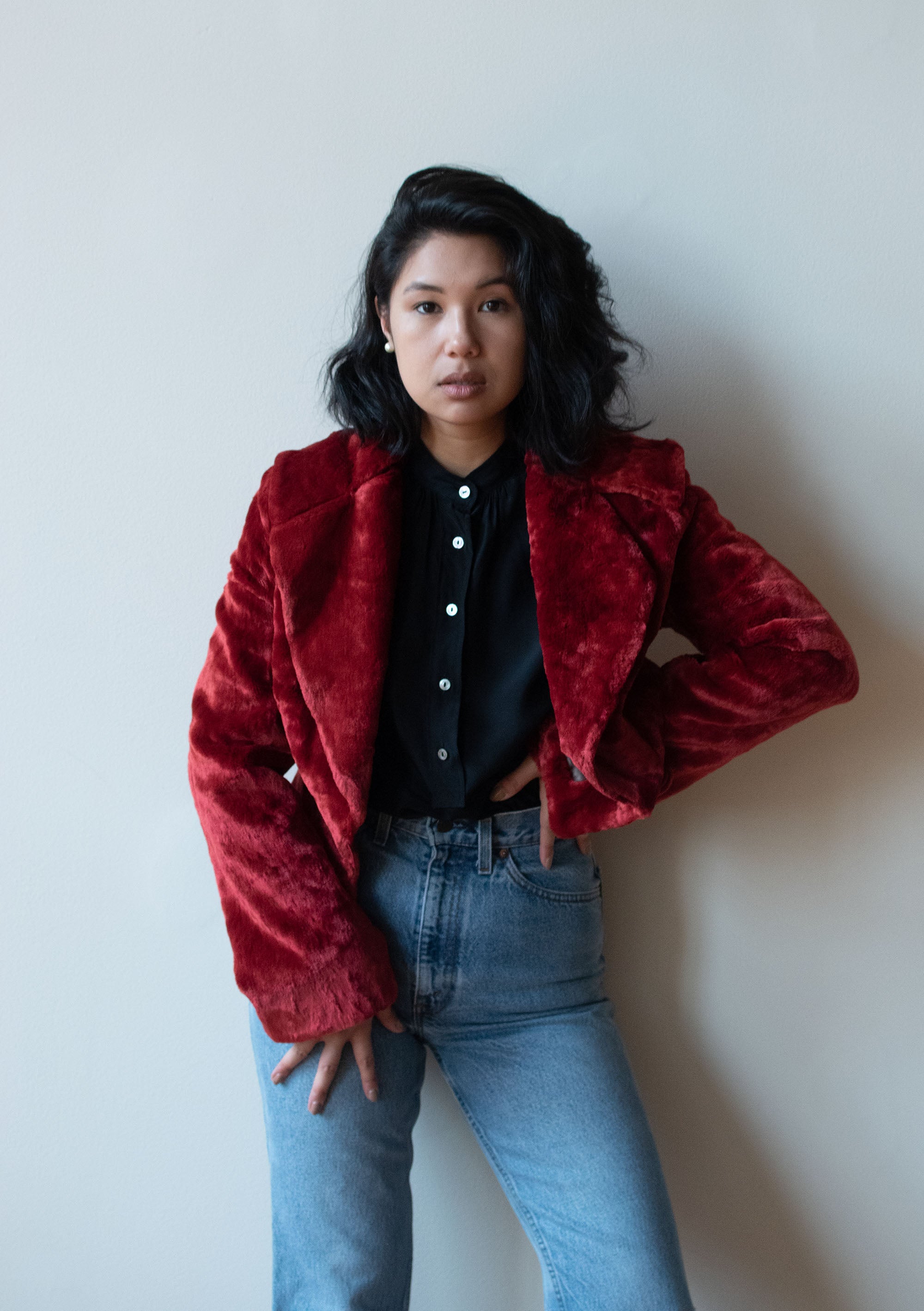 Red faux discount fur jacket