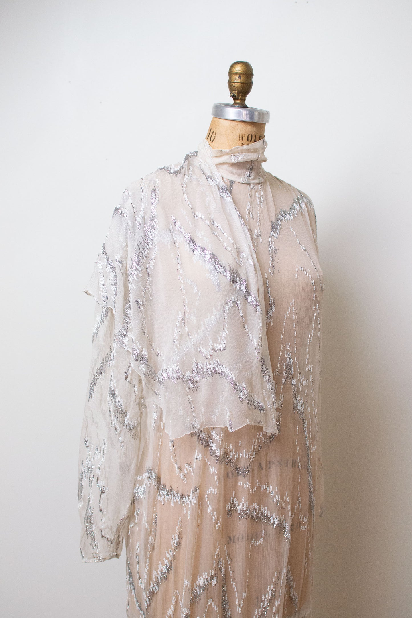 1980s White Chiffon Feather Trim Dress