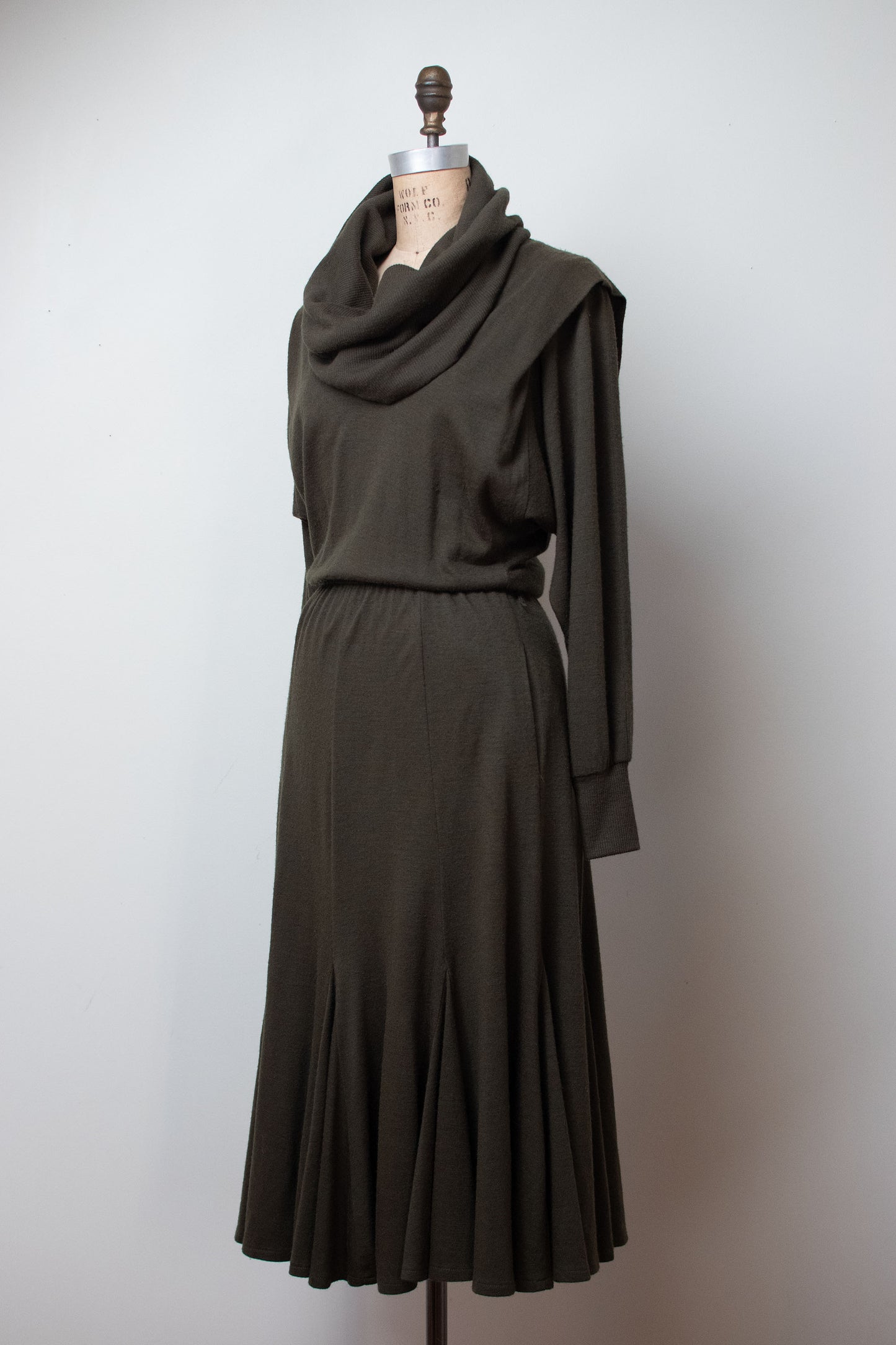 1980s Olive Cowl Neck Dress
