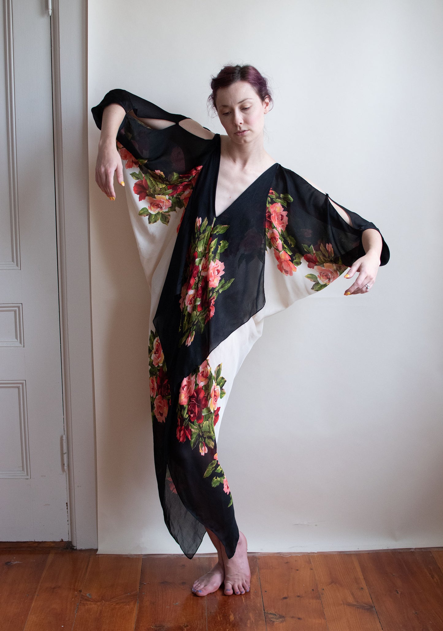 1990s Floral Chiffon Cocoon Dress