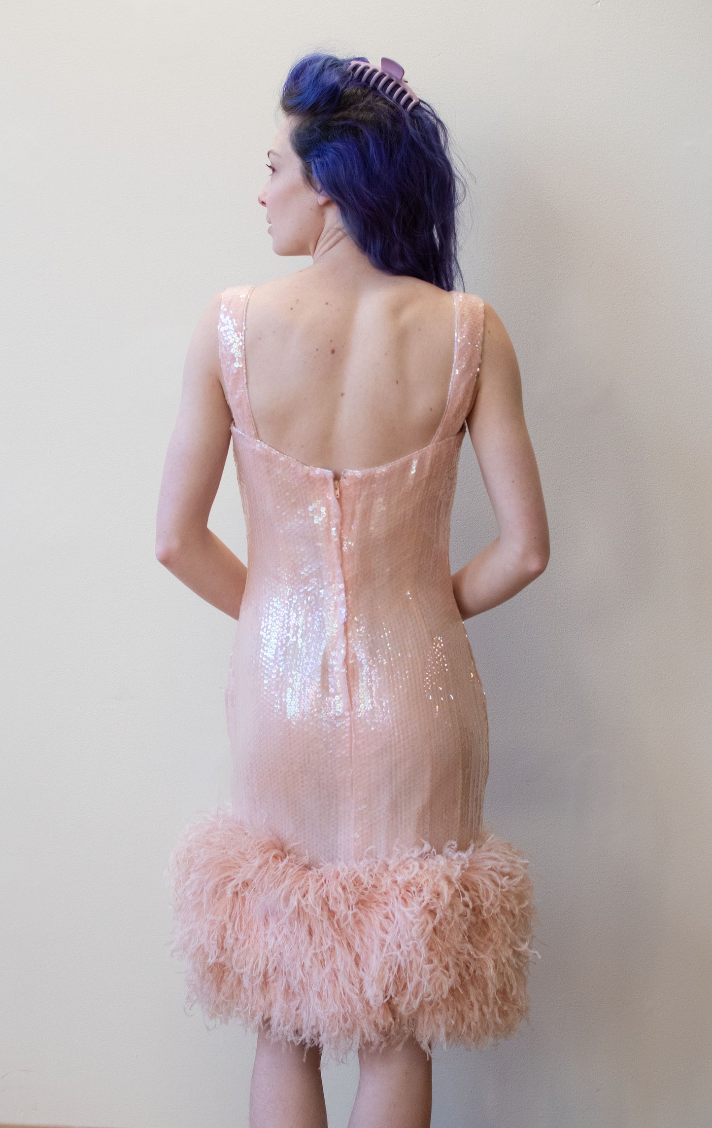 1980s Pink Sequin Feather Trim Dress | Victor Costa