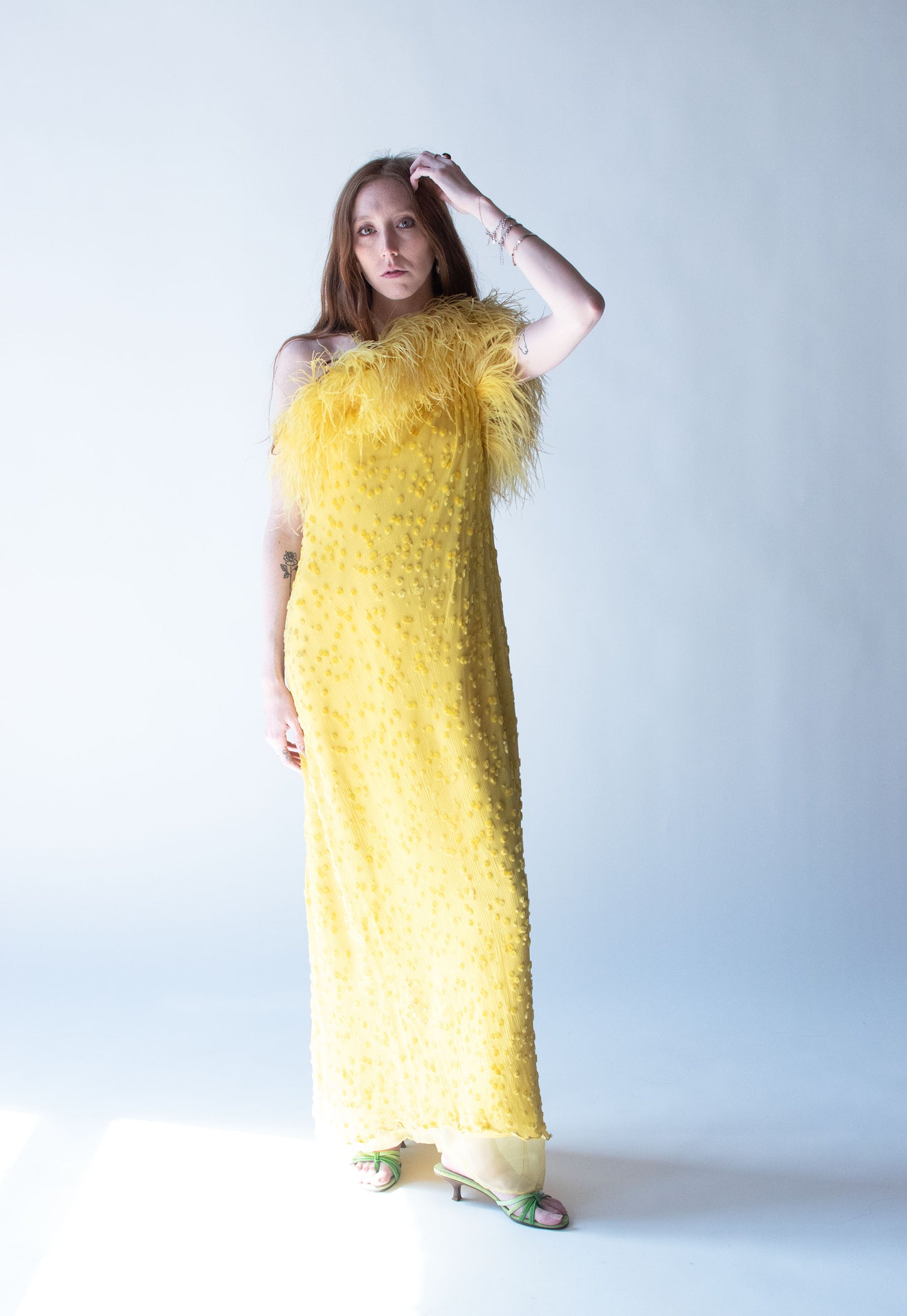 1970s Feather Trim Chiffon Dress