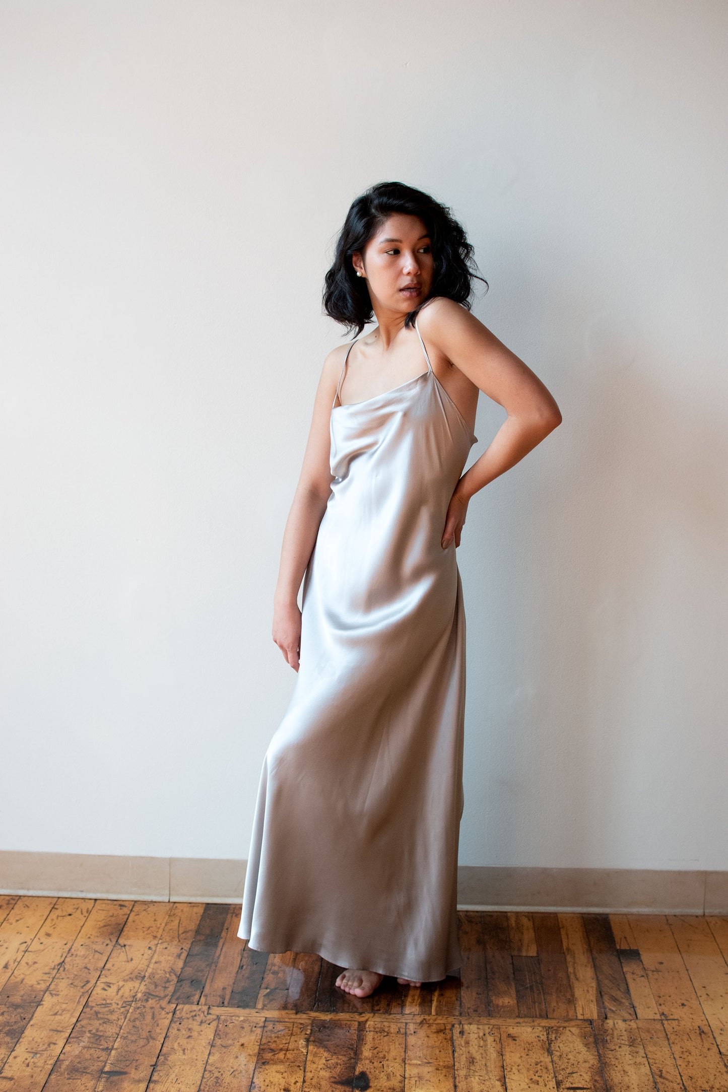 gray silk slip dress Strapless Bow-bandeau Cutout Satin midi Slip Bridesmaid Dress In Cashmere Gray