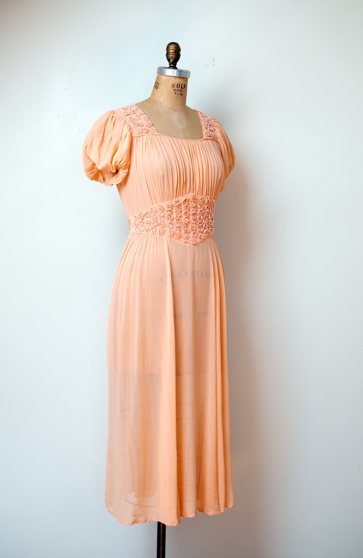 1930s Peach Chiffon Puff Sleeve Dress