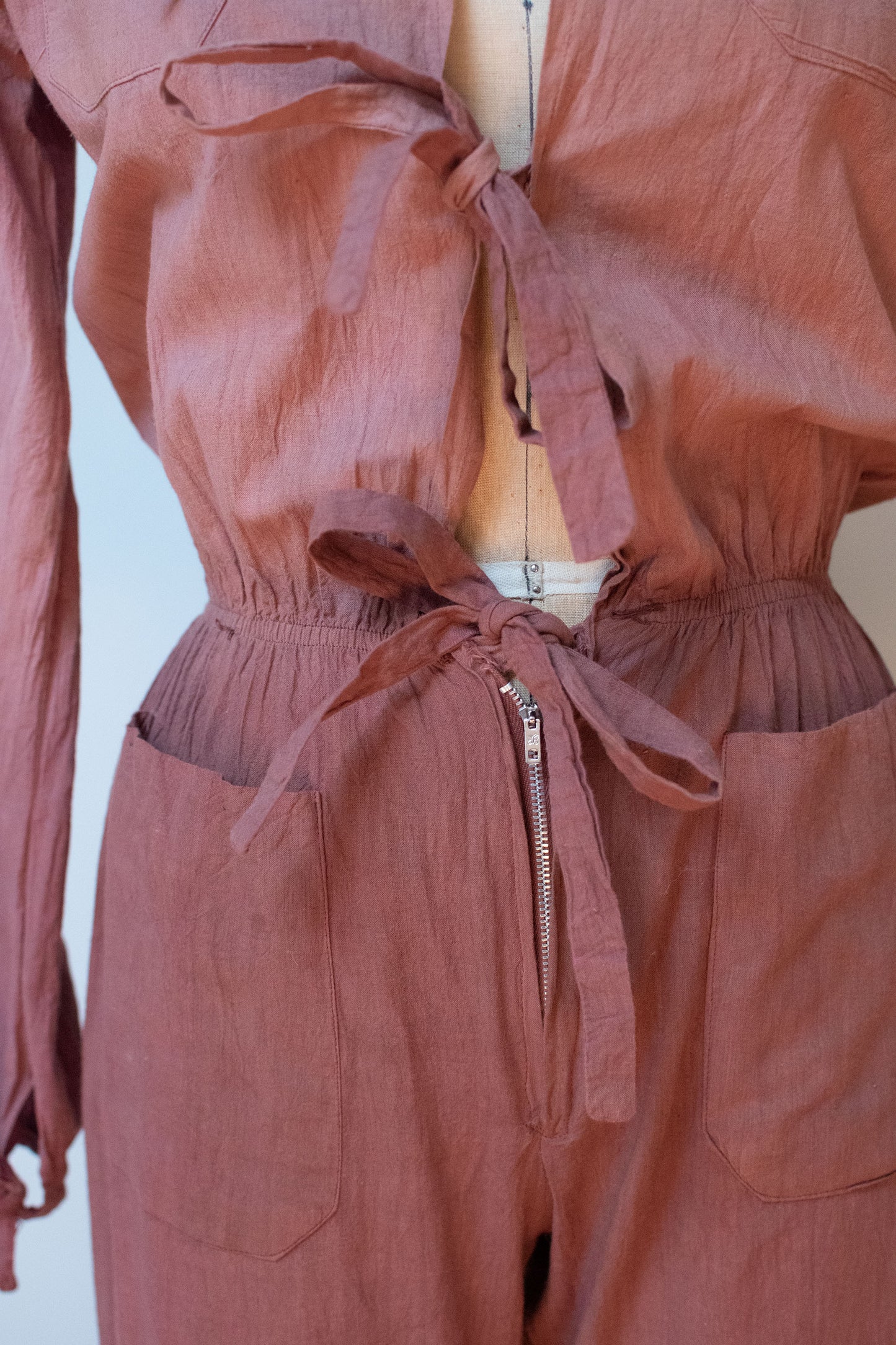 1970s Tie Front Jumpsuit | Brown Dip Dye