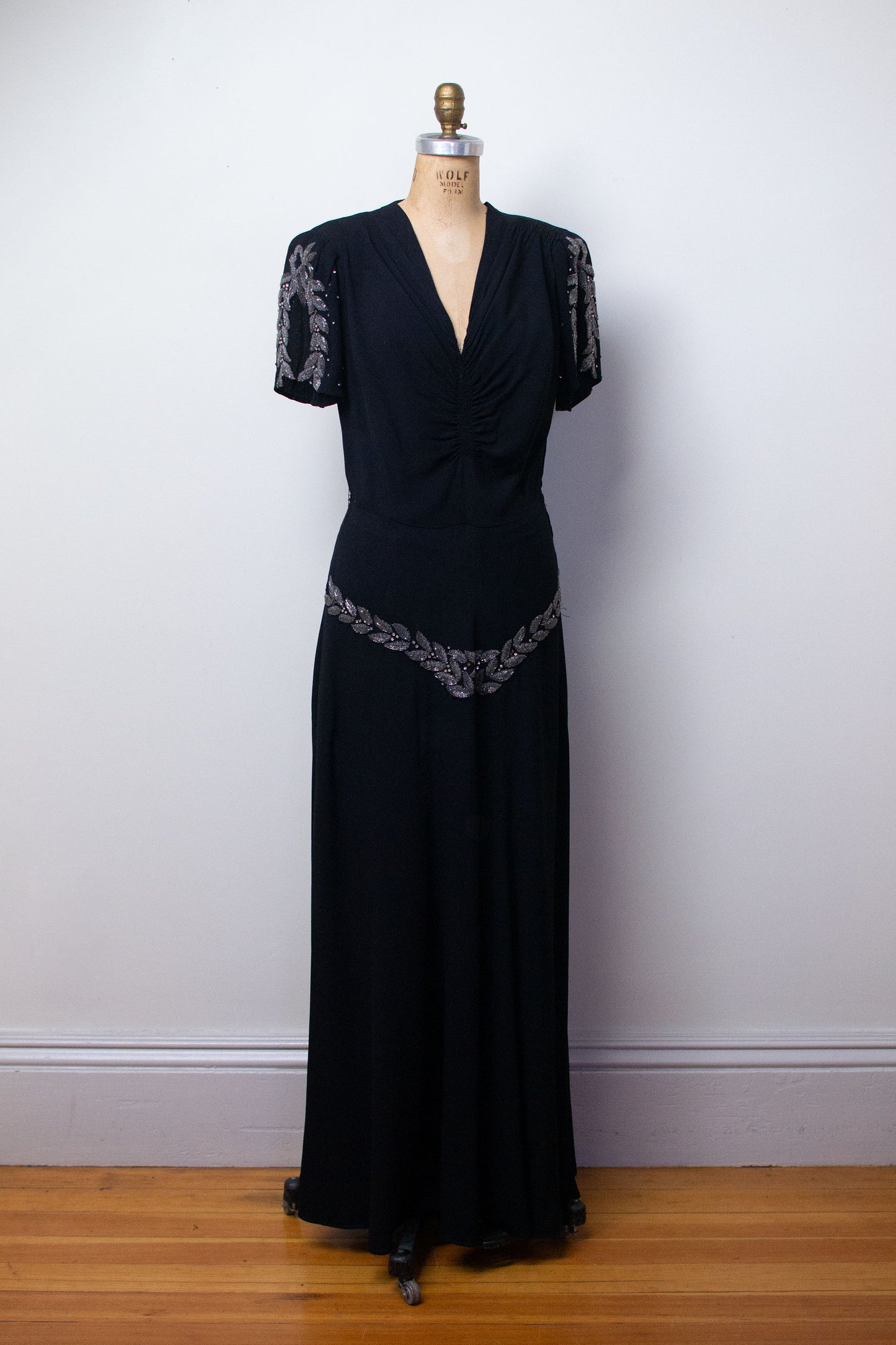 1940s Black Rayon Beaded Gown | AS IS
