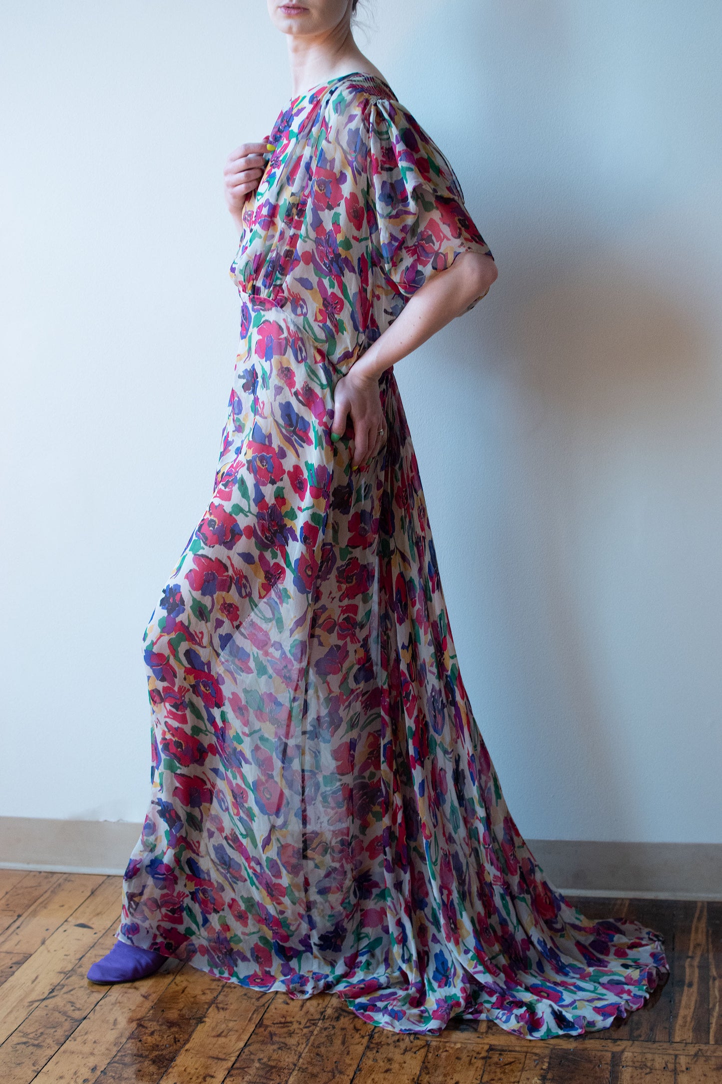 1930s Floral Print Chiffon Gown