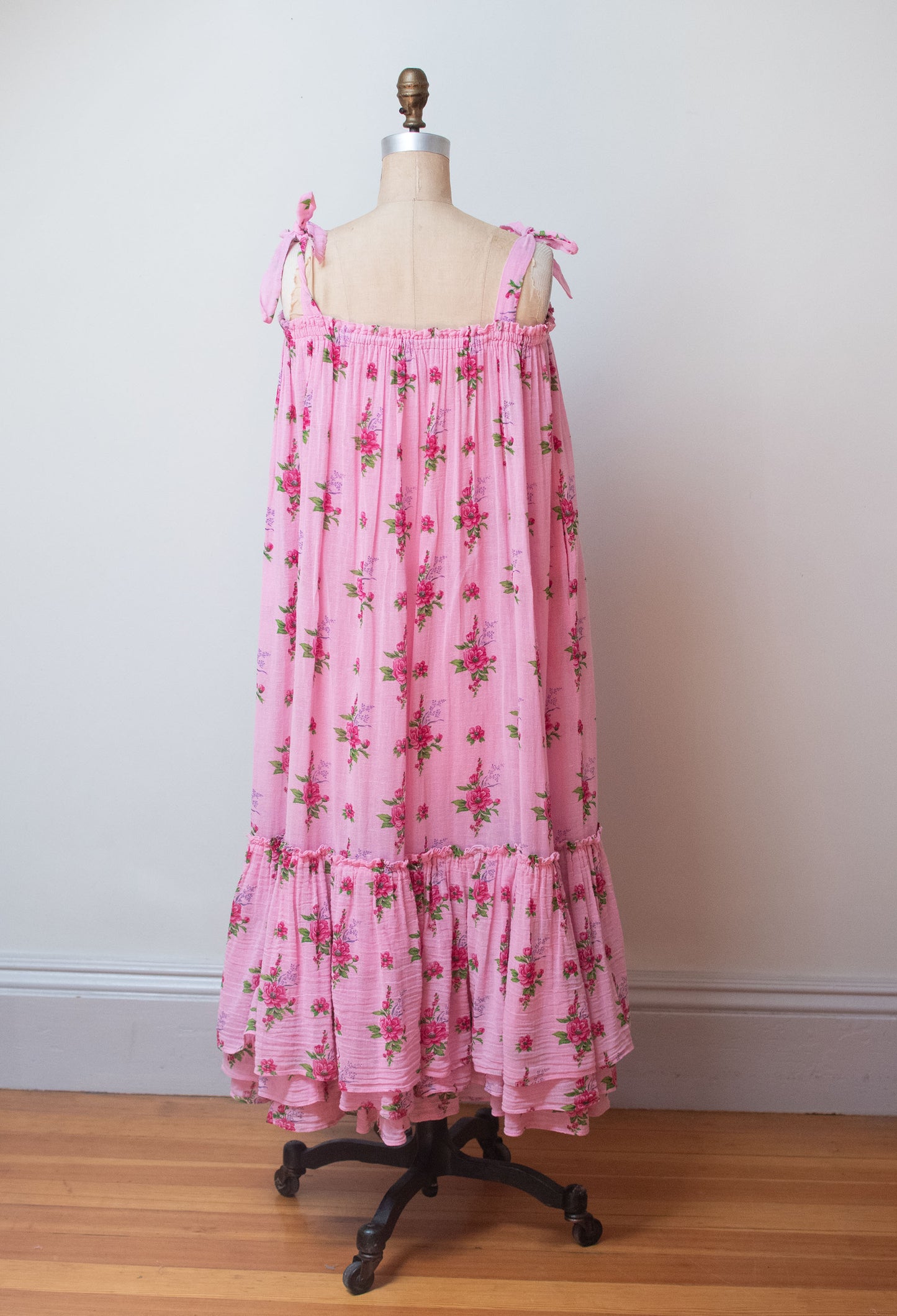 1970s Pink Floral Print Gauze Dress | Real Paris La Madrague Brigitte Bardot
