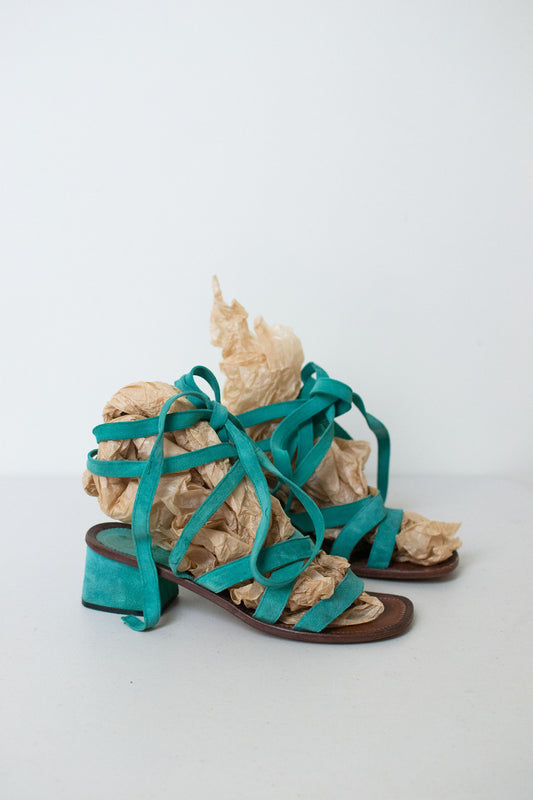 1970s Green Suede Lace Up Sandals