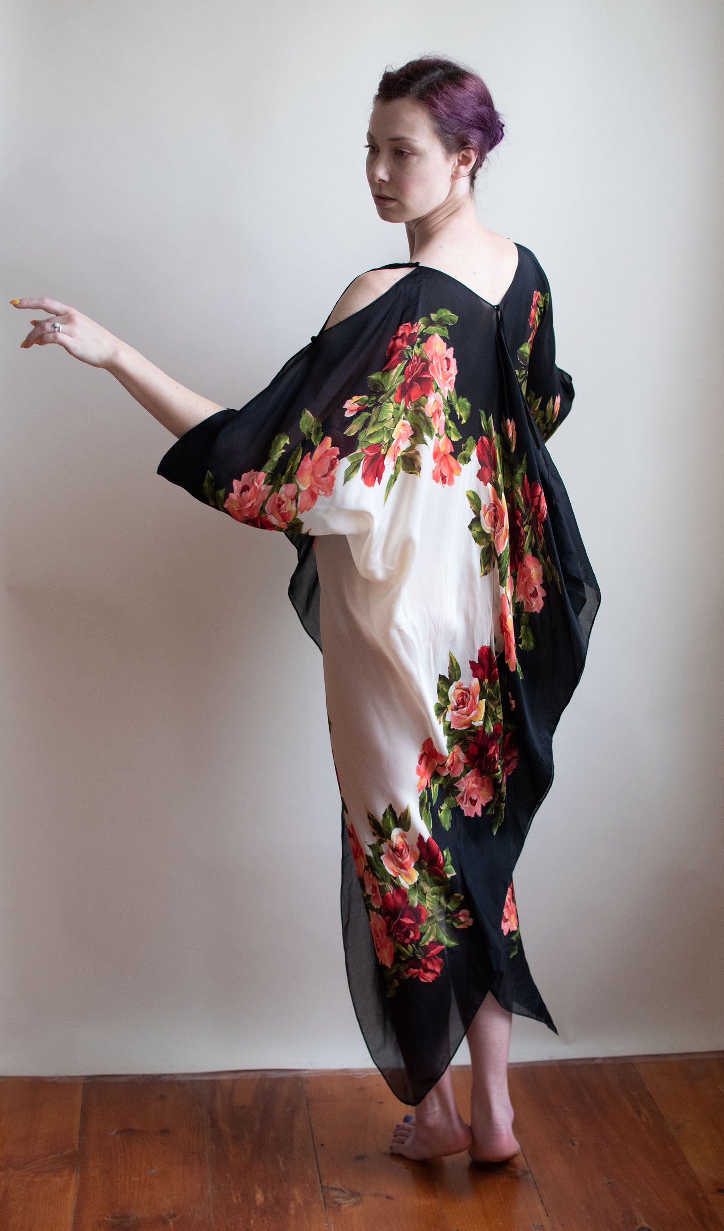 1990s Floral Chiffon Cocoon Dress