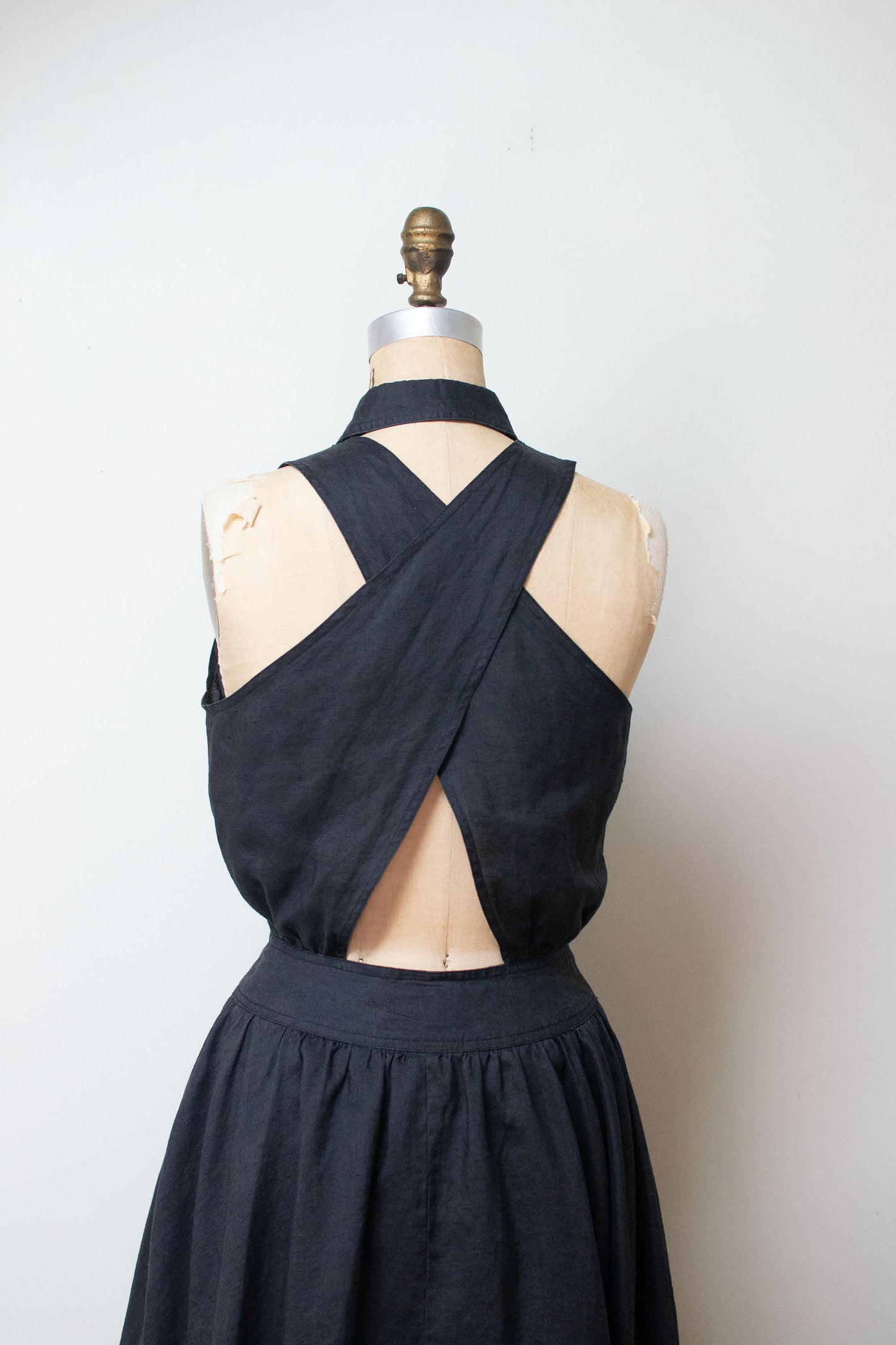 1990s Black Linen Dress | Cross Back