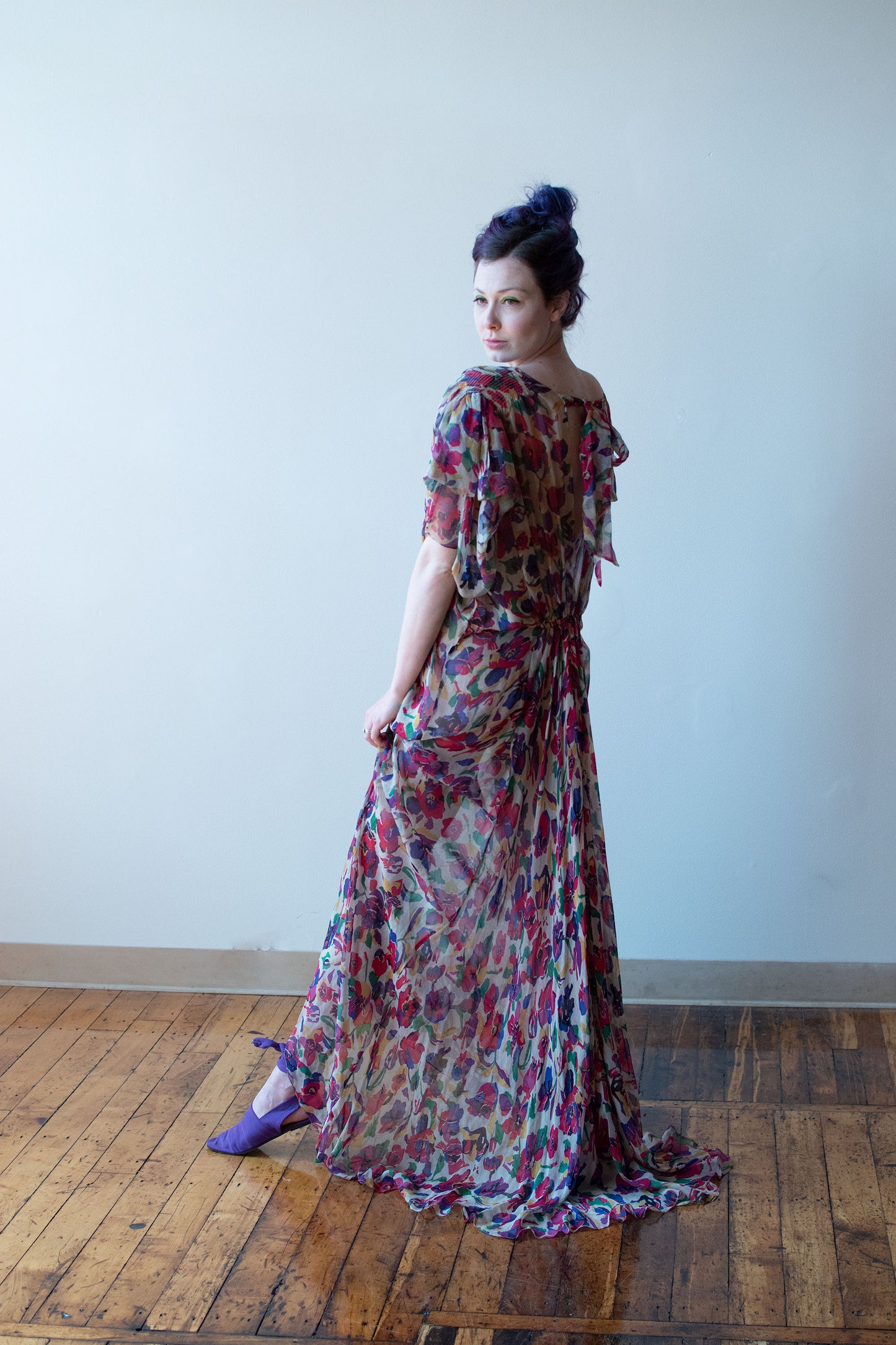 1930s Floral Print Chiffon Gown