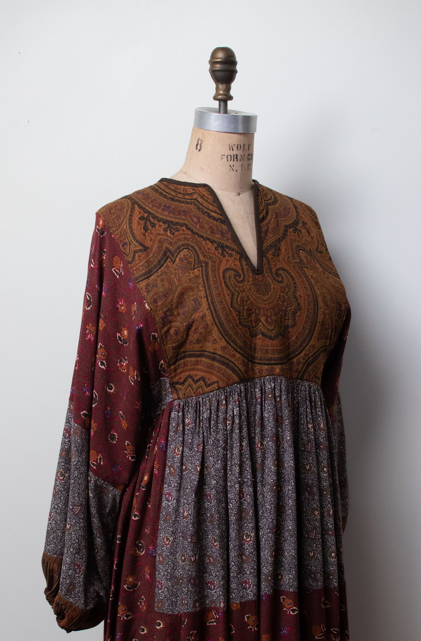 1970s Balloon Sleeve Mixed Print Dress