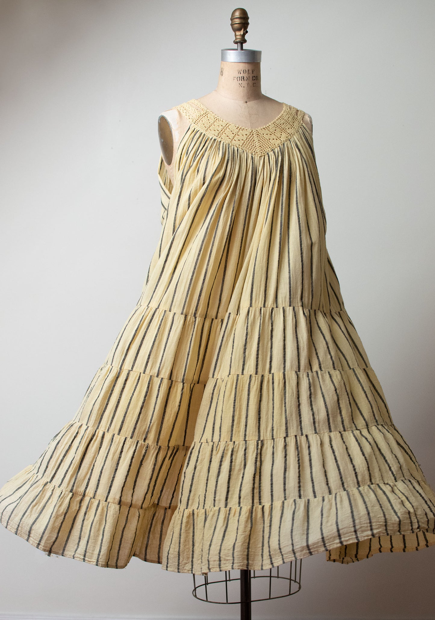 1980s Pale Yellow Striped Gauze Dress