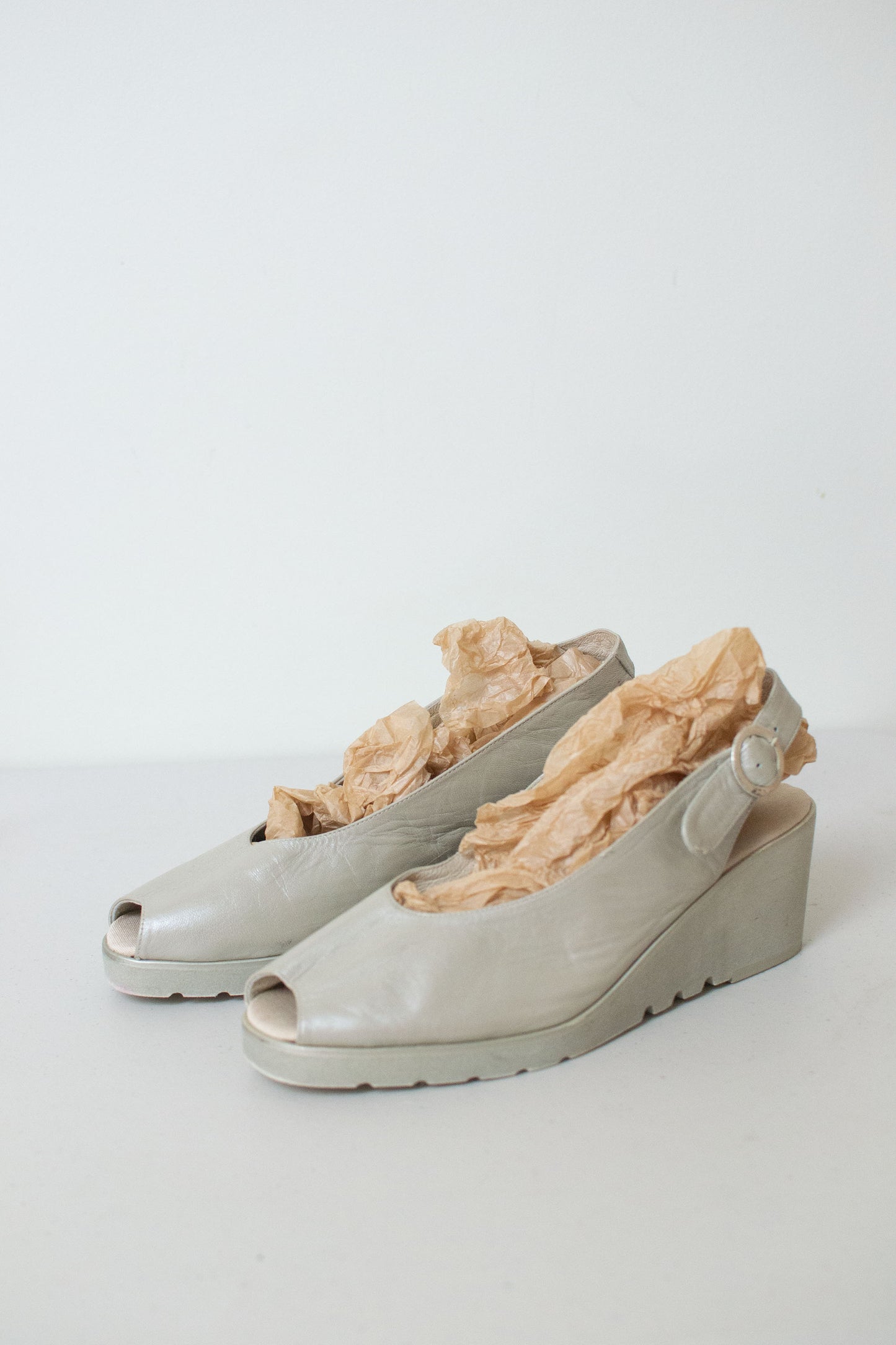 1990s Mettalic Peep Toe Wedges | Andre Assous
