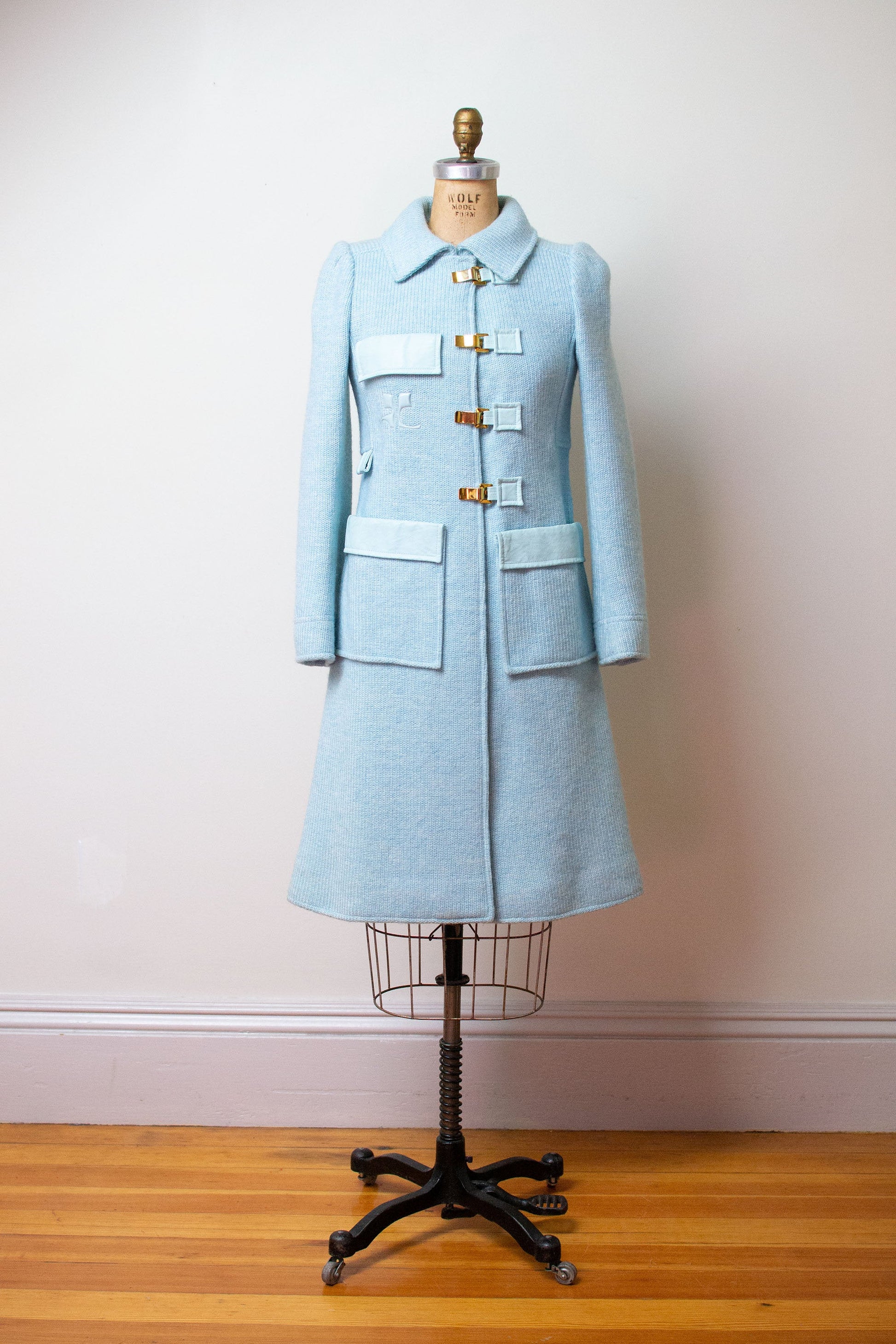 Vintage 1970s Courreges Paris Blue Wool Coat Made in France Ladies Size B